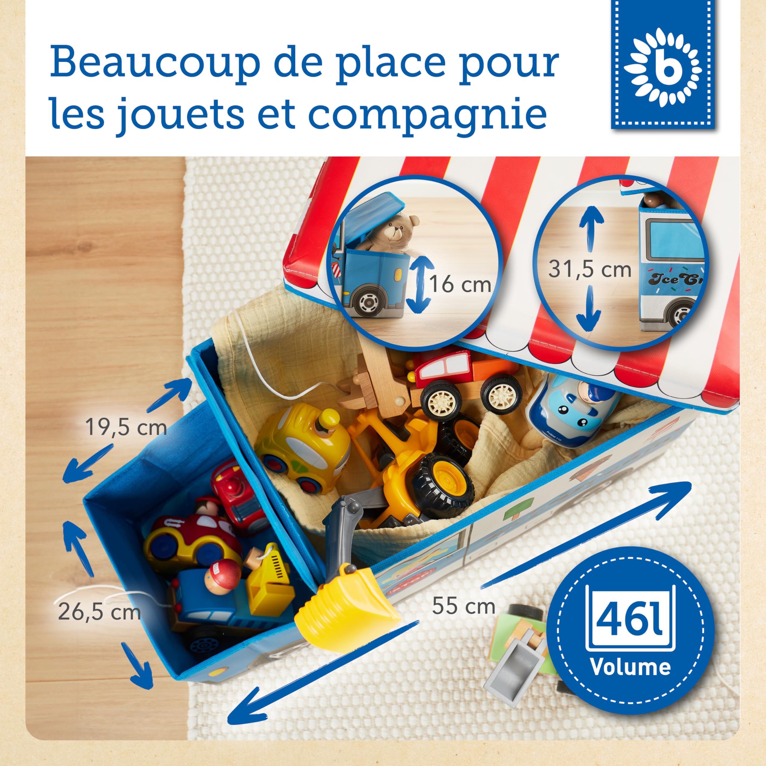 Bieco Boîte de Rangement Camion à Glace pour Enfants avec Siège Rembourré | Coffret à Jouets Unisexe avec Couvercle | Coffre Pliable Bleu & Blanc | Boîte de Rangement Pliable de 47 L | Ref. 04000510