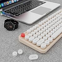Vista 9 de Combo de teclado y mouse inalámbricos, teclado ergonómico de tamaño completo con diseño retro tipo máquina de escribir, con teclas redondas, Blanco