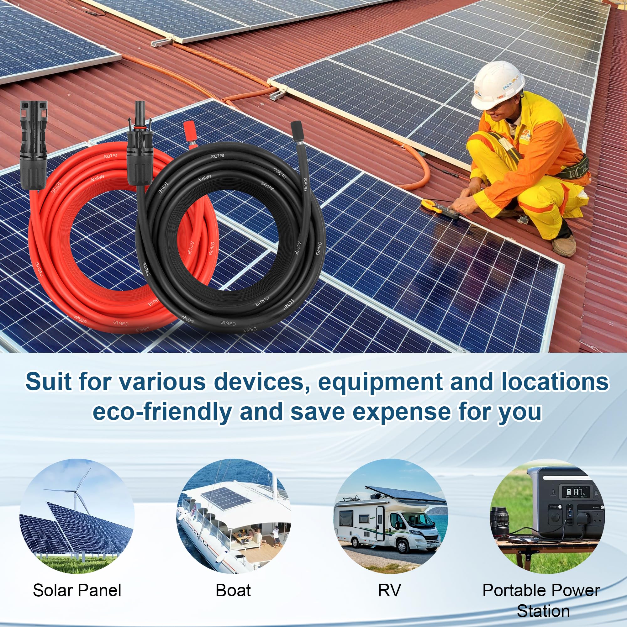 Cavo di prolunga per pannello solare, 6,5 m, 8 AWG, cavo di prolunga per pannelli solari con connettori rapidi femmina e maschio, adattatore solare per camper, sistemi off-grid (6,5 m rosso + 7,6 m