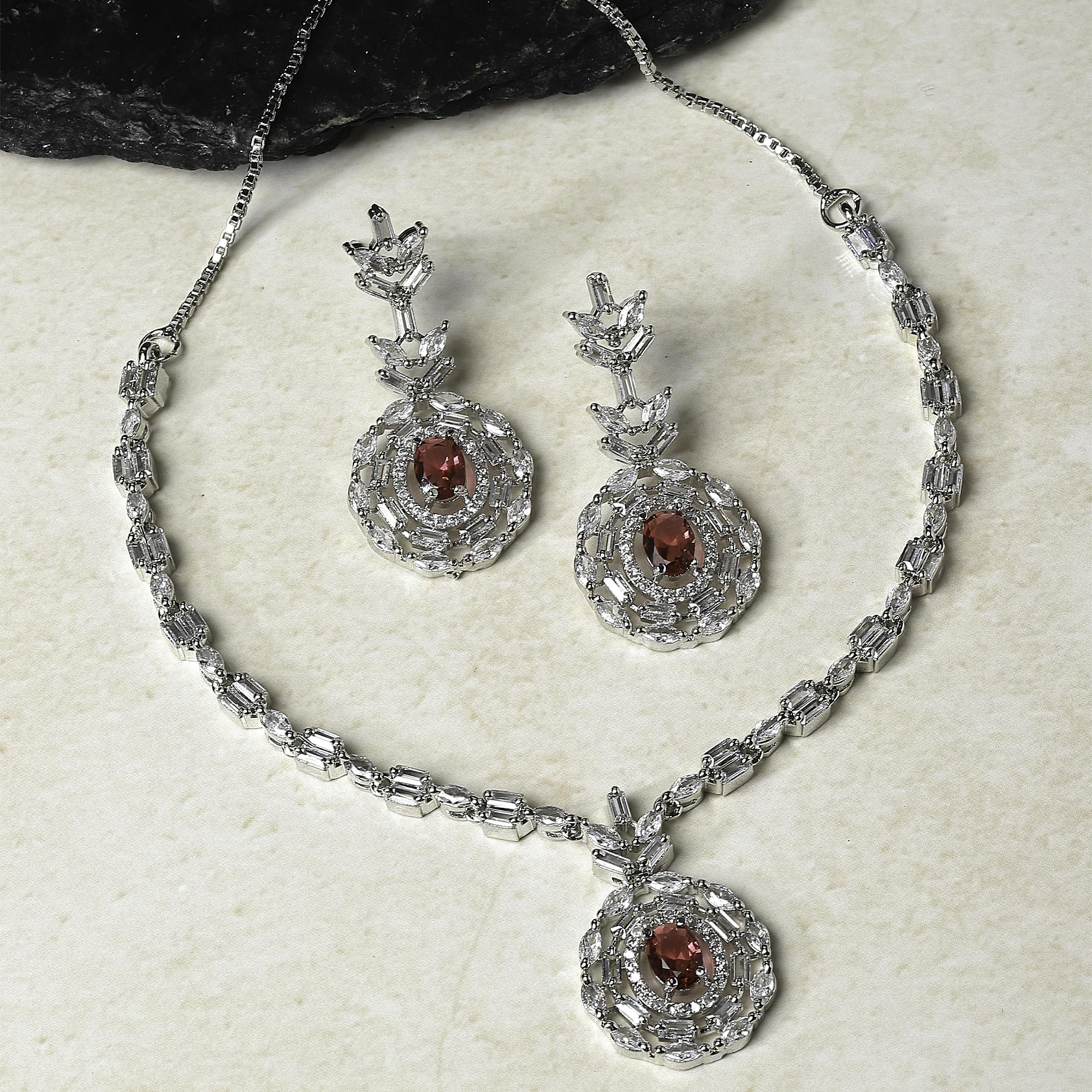 Rhodium-Plated American Diamond Necklace & Earring Set