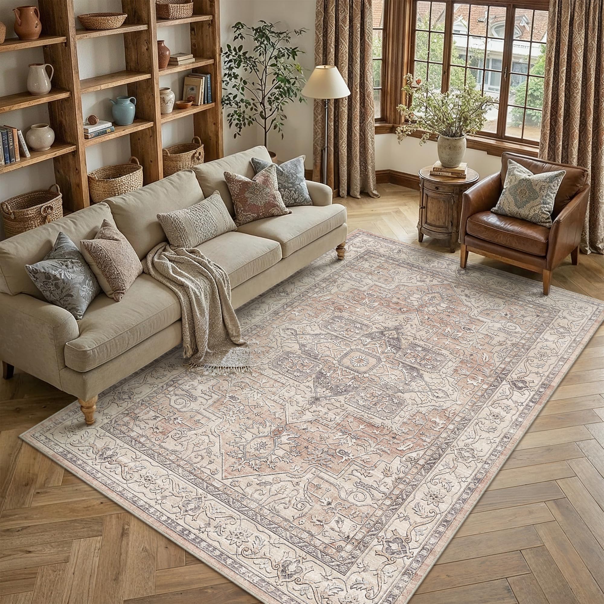PureCozy Vintage Coral Rugs Living Room Area Rug 160x230cm Washable Non Slip Carpet Bedroom Bedside Office Kitchen Dining Room Indoor Low Pile Soft Large Retro Carpets