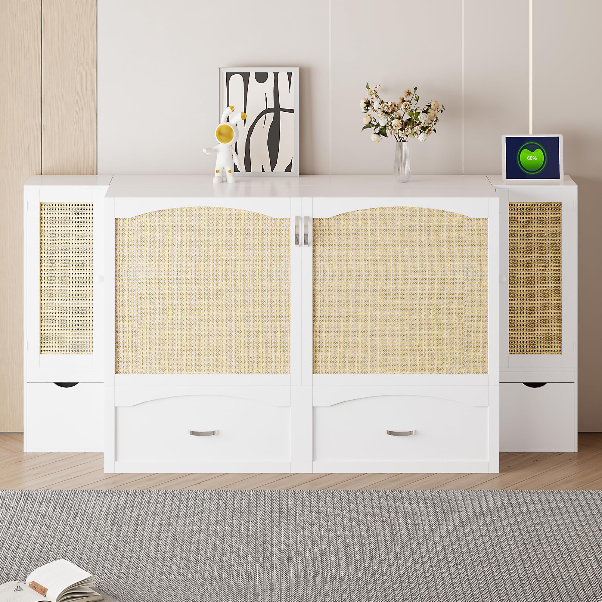((incomplete box 2/3)) Multi-function Full  Size Murphy Bed Wall Bed with Drawer and Rattan Decoration with 2 Storage Cabinets, One set of Sockets & USB Ports, Pulley Structure Design for Home Office Small Room (White--@02)
