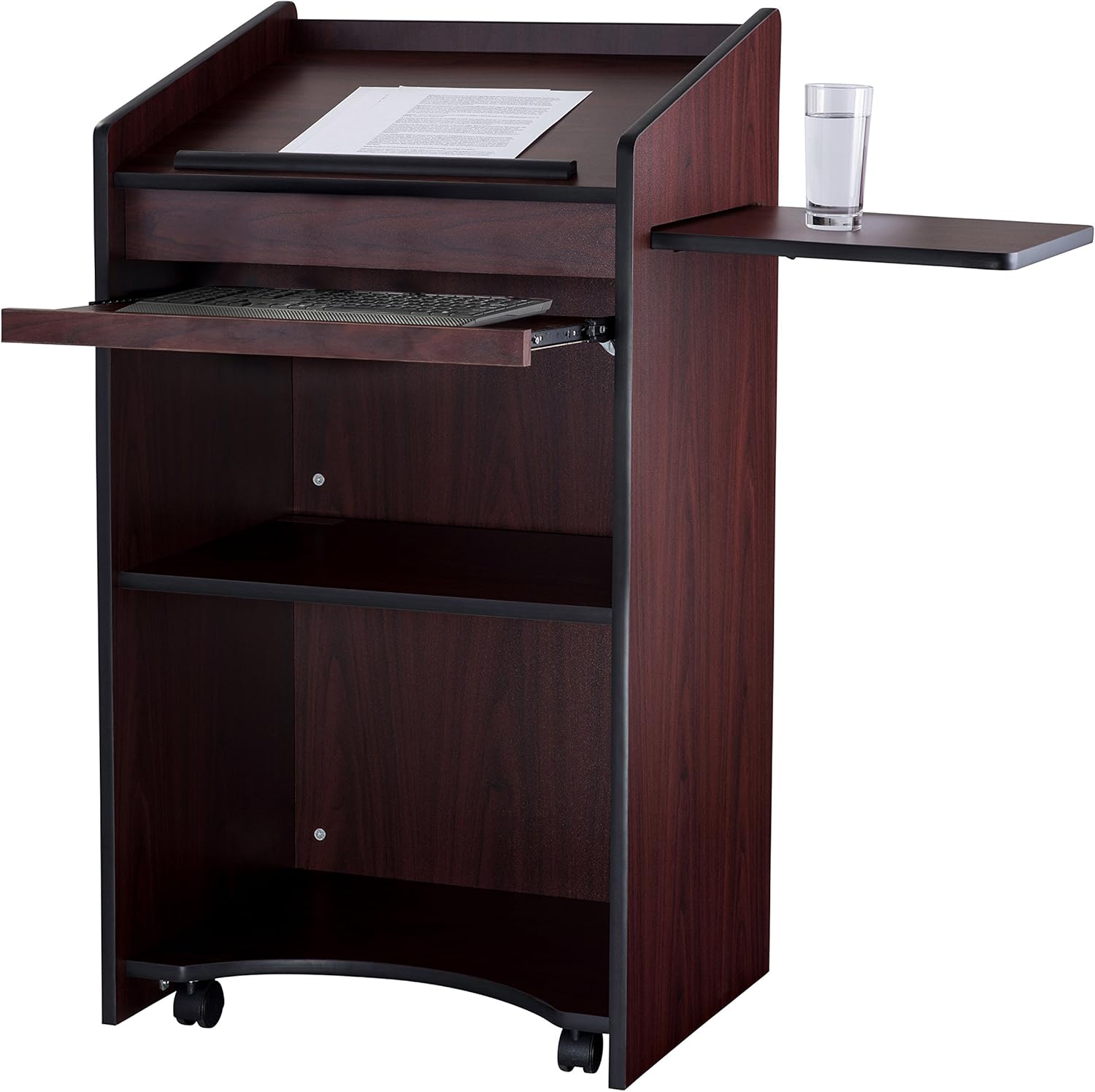 Mahogany Mobile Lectern with Shelves and Casters
