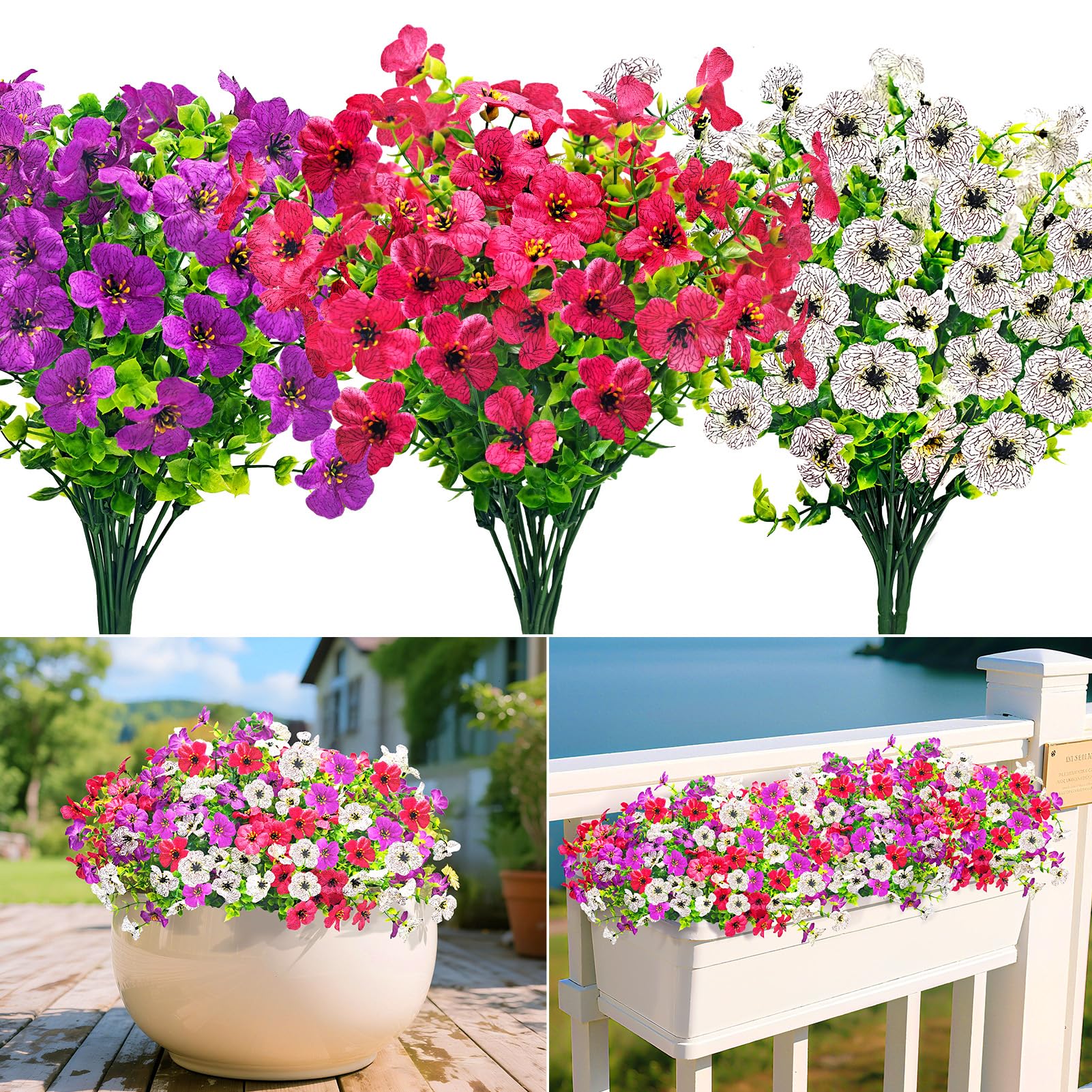 Artificial Flowers Outdoor 189 Fake Flowers, 9 Bundles UV Resistant Plastic Faux Silk Flowers Bouquet, Decorative Artificial Flowers Plants for Garden Porch Window Front Door Indoor Home Decoration โ image 1