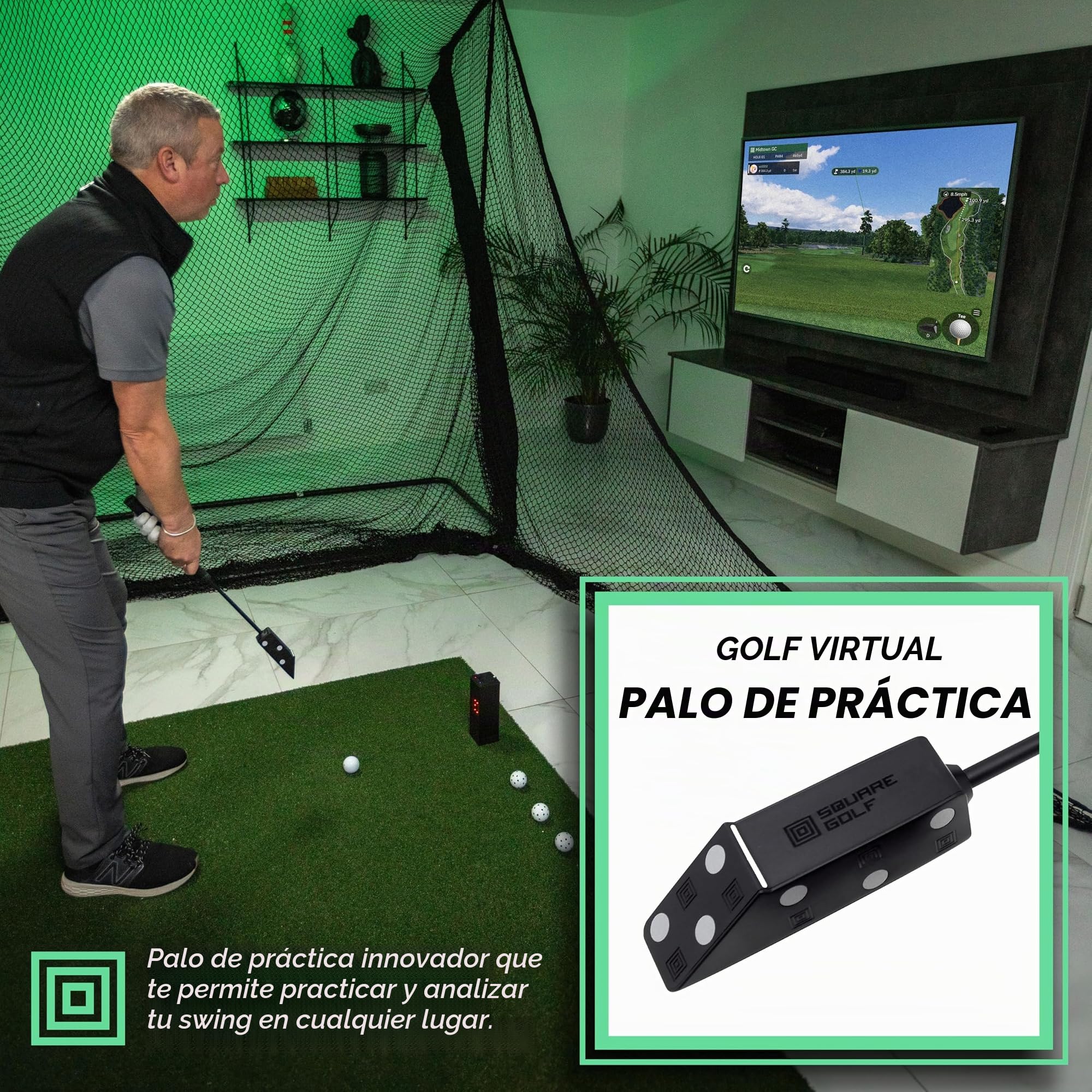 Square Golf Monitor de Lanzamiento Unisex para Interiores, Color Negro
