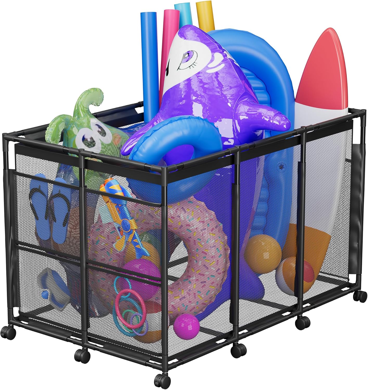 Pool Float Storage – Outdoor Pool Toy Storage Organizer for Pool Noodles, Toys, Floats, Balls,Equipment, Mesh Rolling Storage Organizer Bin, Black