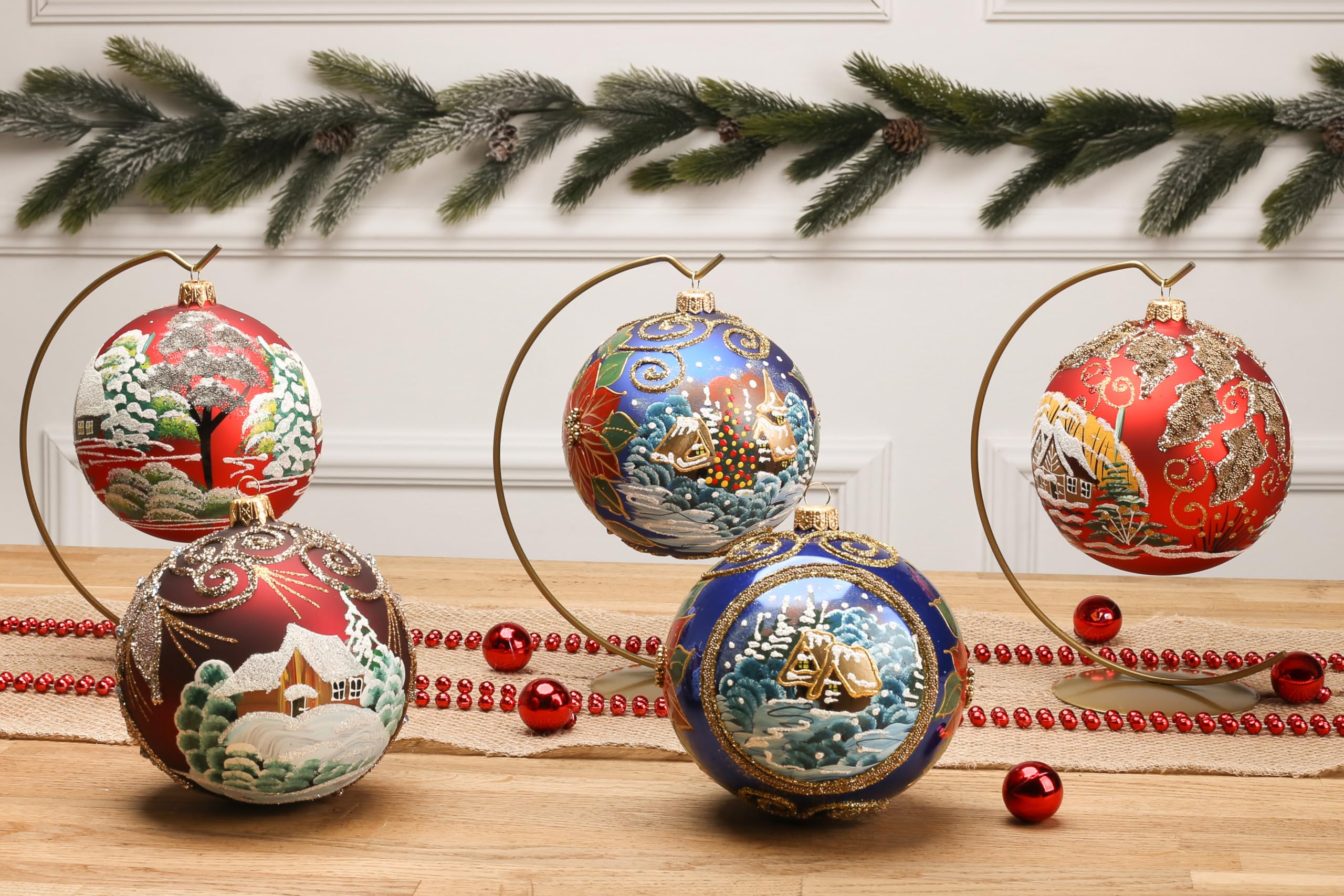 Bola de cristal soplado pintada a mano con diseño de Navidad, color rojo, tamaño mediano, 120 mm, hojas de muérdago