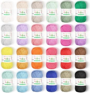 Katech Pure Cotton Yarn for Crocheting & Knitting24-Color of 137 Yards/1.76 oz Baby Cotton Yarn Sport Weight CYC #2-Soft & Breathable-Ideal for Dishcloths, Baby Clothes, Potholders