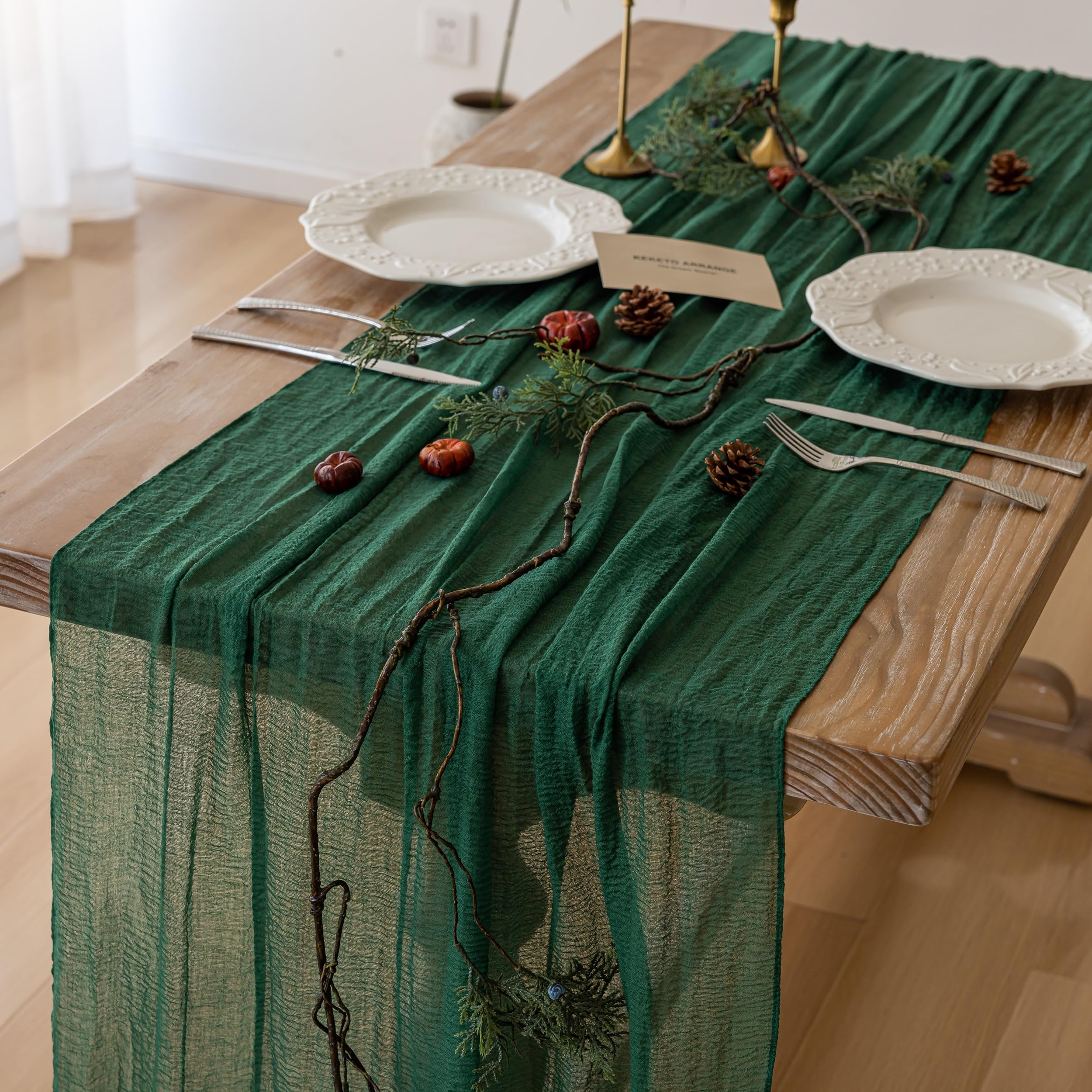2Pcs Emerald Green Cheesecloth Table Runner 120 Inches for Party Home Decor