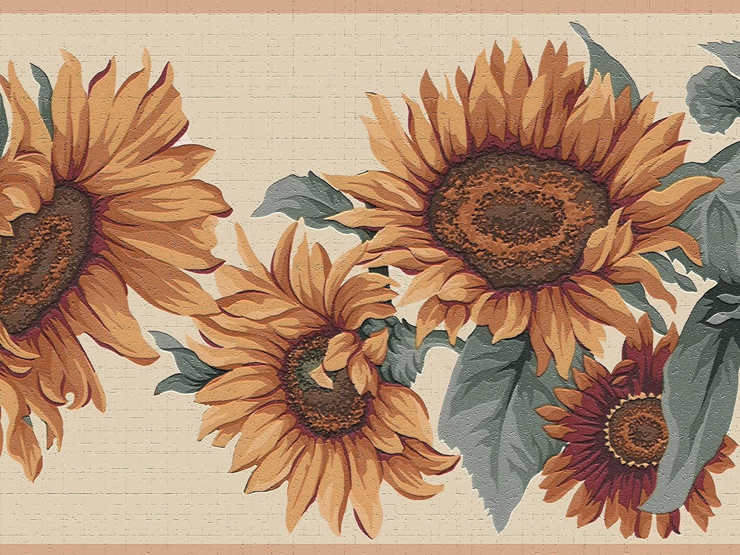 Dundee Deco Wallpaper Border Peel and Stick DDAZBD9270 Floral Orange Green Sunflower Bunches Wall Border Retro Design, 15 ft x 7 in (4.57m x 17.78cm), Self Adhesive