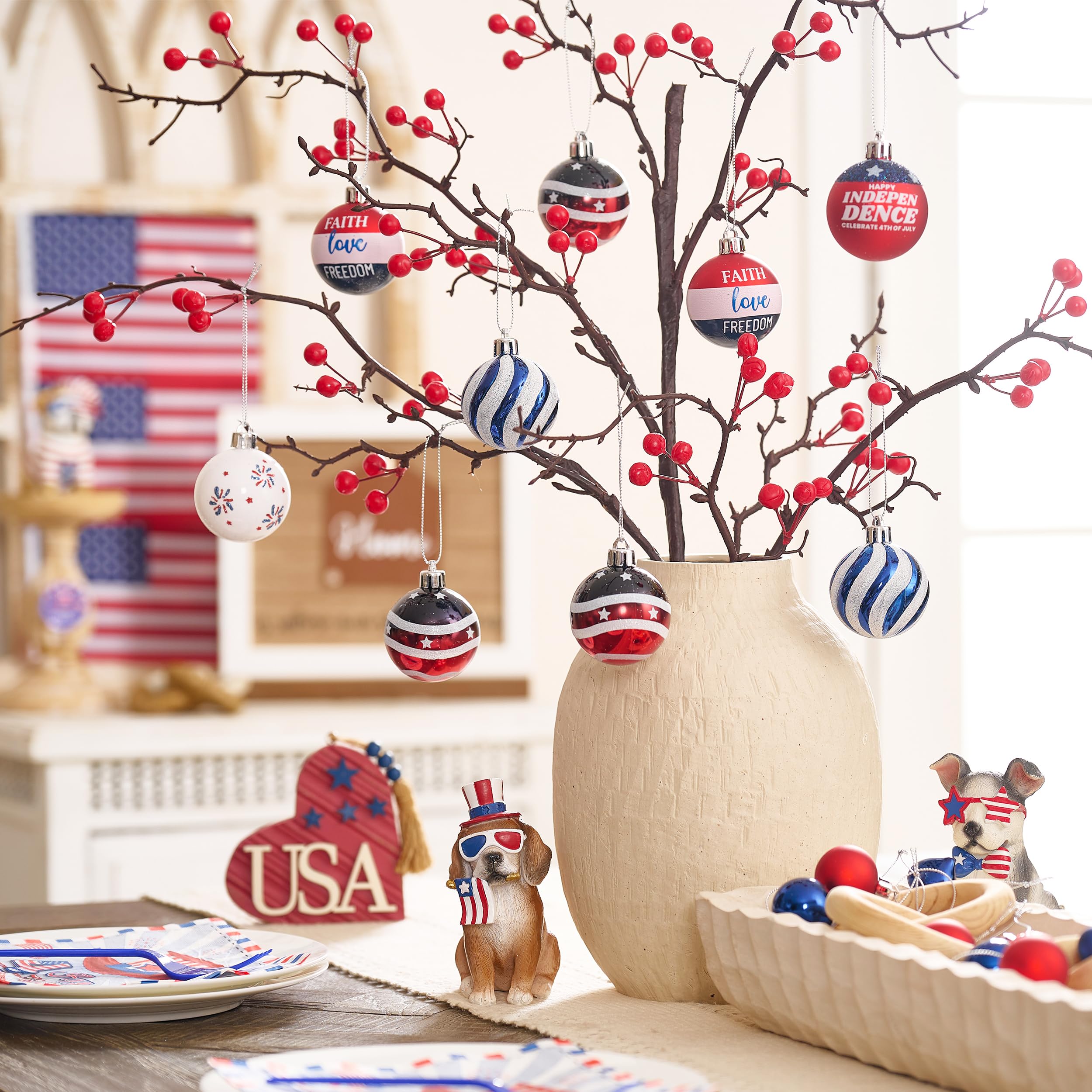 Valery Madelyn Patriotic Ornaments for 4th of July Tree Decorations, 16ct 2 Inches Red White Blue Shatterproof Americana Hanging Ball Ornaments for Labor Independence Day Christmas Memorial Day Decor