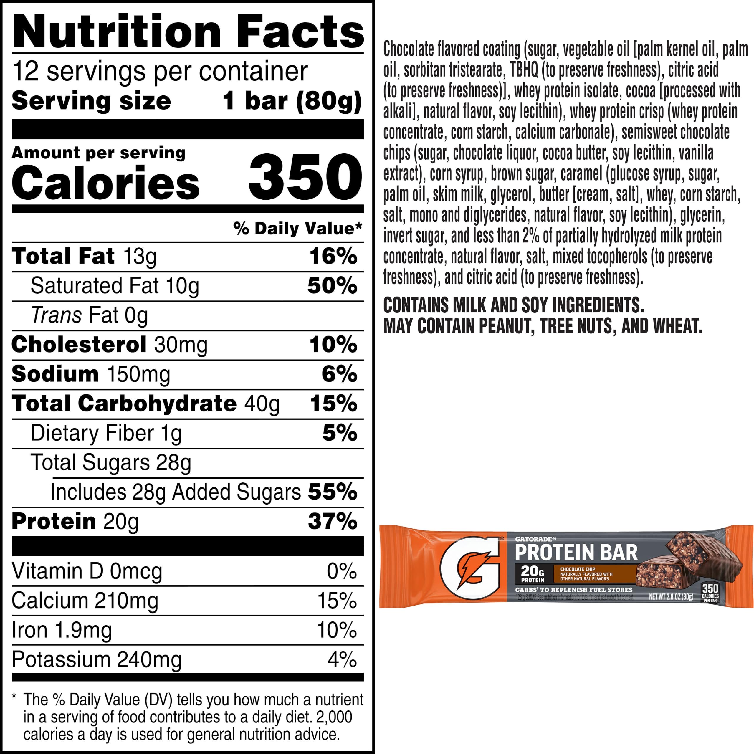 Gatorade Whey Protein Recover Bars, Chocolate Chip, 2.8 ounce bars (12 Count)