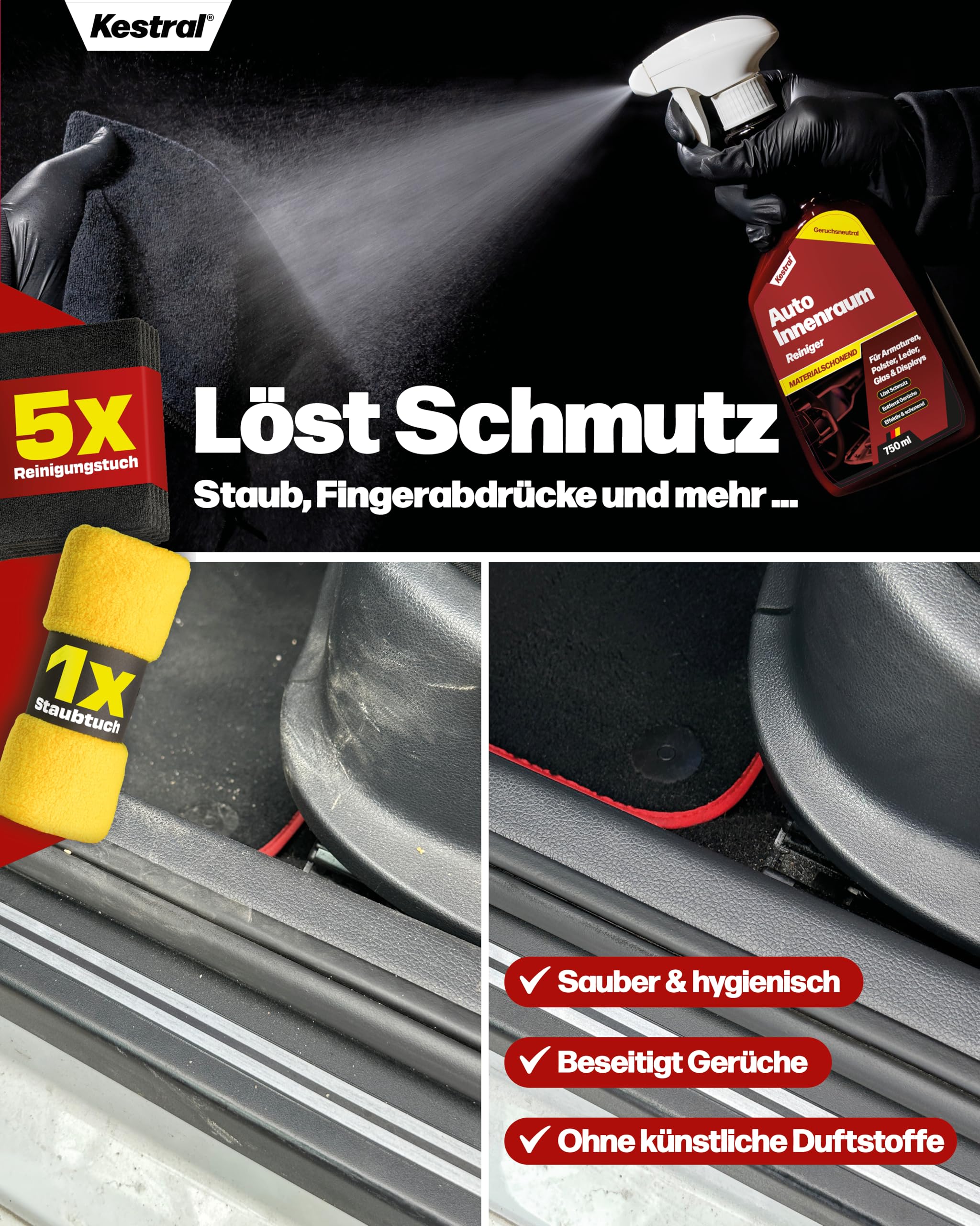KESTRAL® Auto Innenraumpflege Set für Polster- & Alcantara mit 5X Mikrofasertüchern 1x Staubtuch & Bürste - entfernt effektiv Schmutz - farbsättigende Pflege im MATT-Effekt - Made in Germany