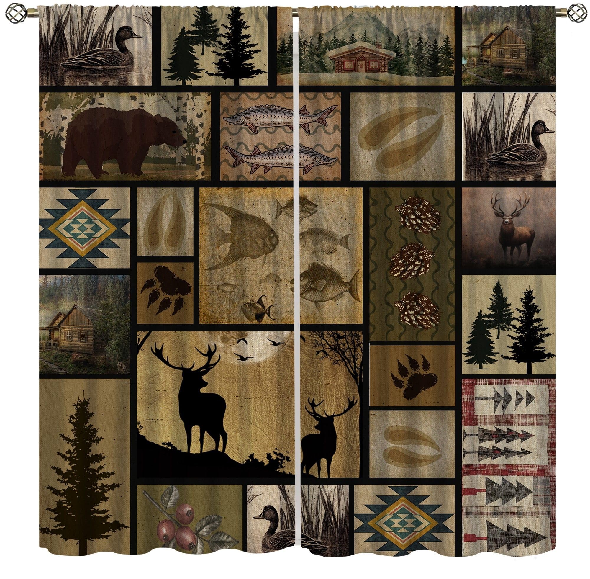 ShiTingYu Vintage Deer Bear Curtains, Fish Retro Farmhouse Cabin Lake Country Lodge Thermal Insulated Window Treatments for Bedroom Kitchen Living