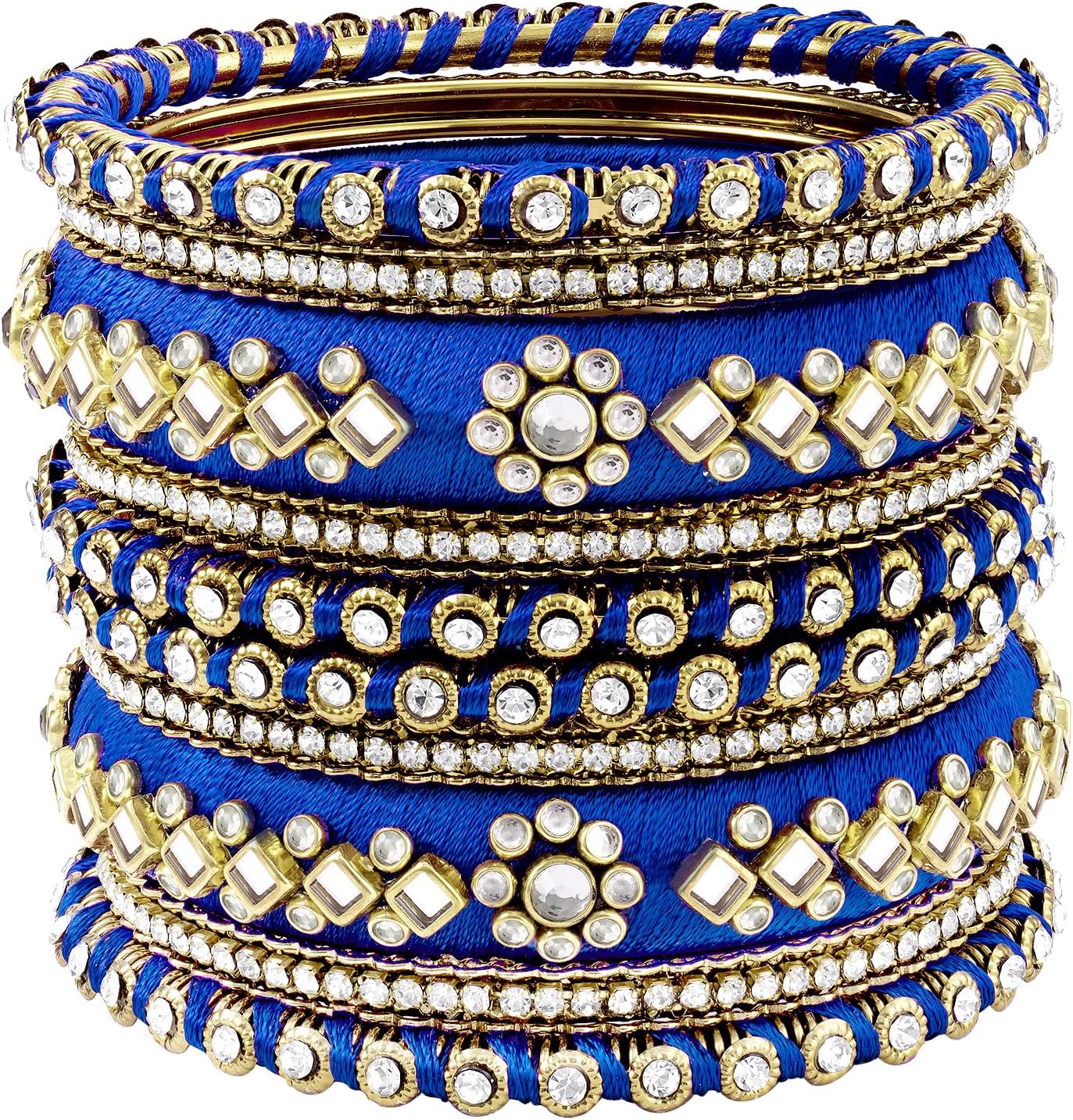 Aheli Velvet Matching Fancy Silk Thread Blue White Chuda/Chura Bangle Set Gift for Women Size 2.8"
