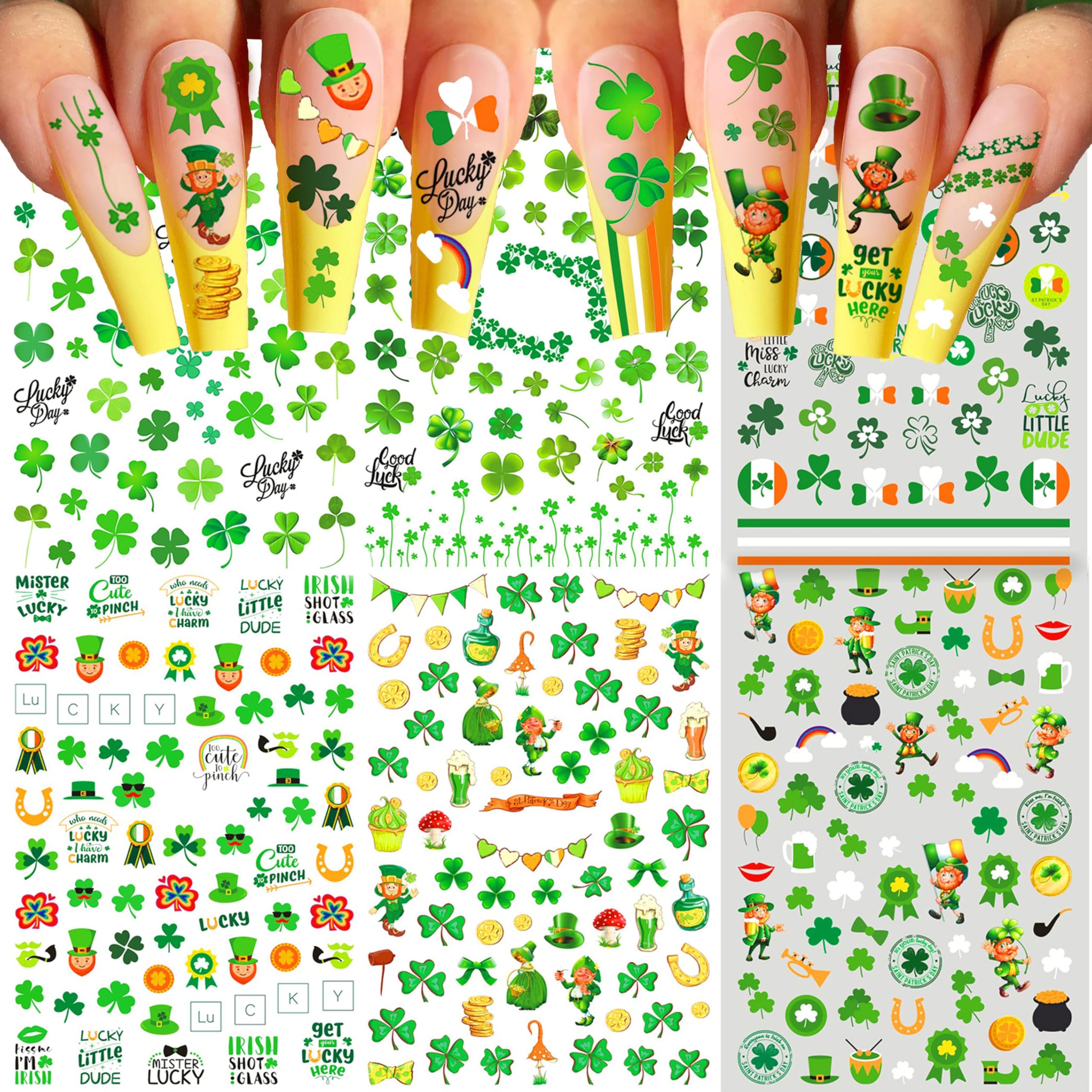 COKTAK 6 Sheets St. Patrick's Day Nail Stickers Nail Decals for Women Girls Manicure, Green Shamrock Clover Self-Adhesive Nail Art Decals, Saint Patrick's Day Nail Art Stickers Party Favor Decoration