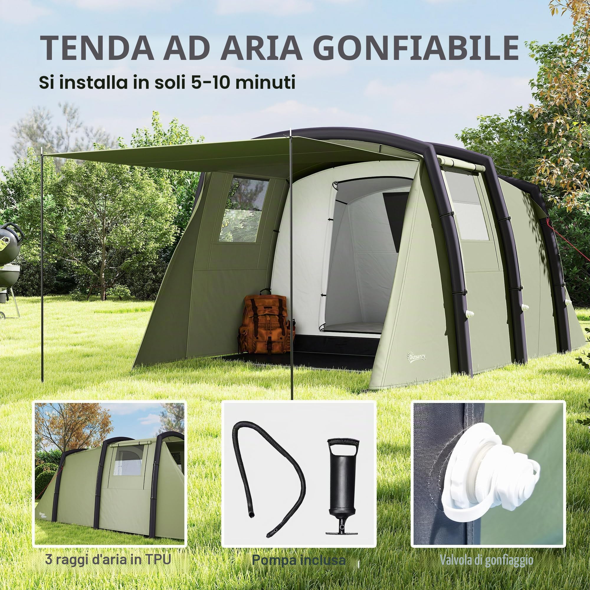 Outsunny Tenda da campeggio gonfiabile per famiglie tipo tunnel per 3-6 persone Tenda da campeggio glamping con vestibolo Finestre in rete e borsa per il trasporto Protezione UV 50+ Impermeabile