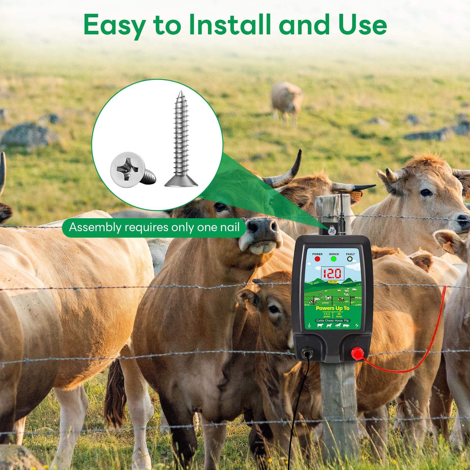 Dispositivo de cerca eléctrica de 12 V con pantalla LED, alcance 10 km, 2 julios, 12 kV, para proteger animales de granja, aves de corral, pastos y jardines