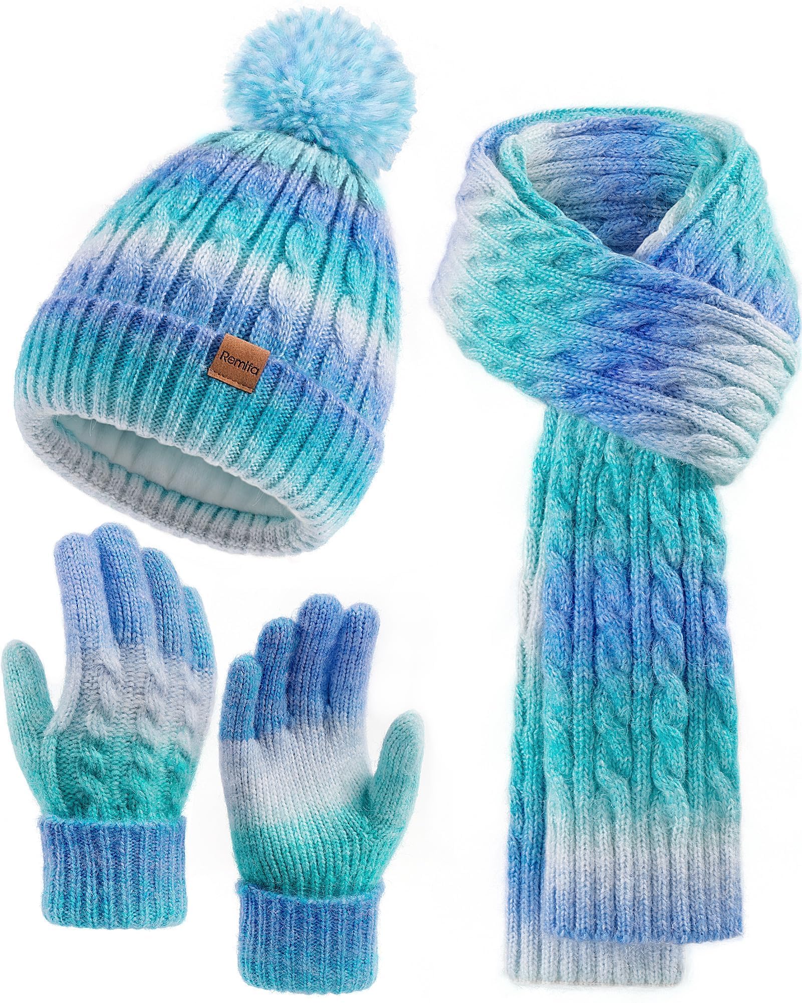 Winter Hat Scarf Gloves Set for Women Teen Girls, 3 PCS Pom Beanie Skull Cap Knit Scarf Gloves Mittens Valentines Gift-image-47