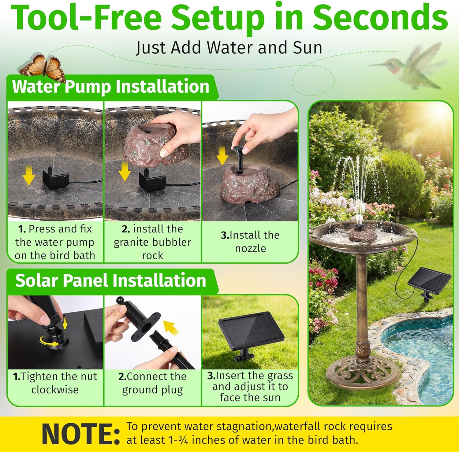 Saillong Solar Fountain for Bird Bath with Granite Rock, Solar Water Pump with 6 Nozzles, Bird Bath Water Fountains with Dry Run Protection, Fountain Pump for BirdBath, Garden, Pond