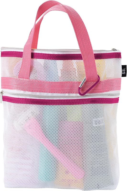 Necessaire de banho em tela S&T INC., 20,32 cm x 20,32 cm, branca e rosa