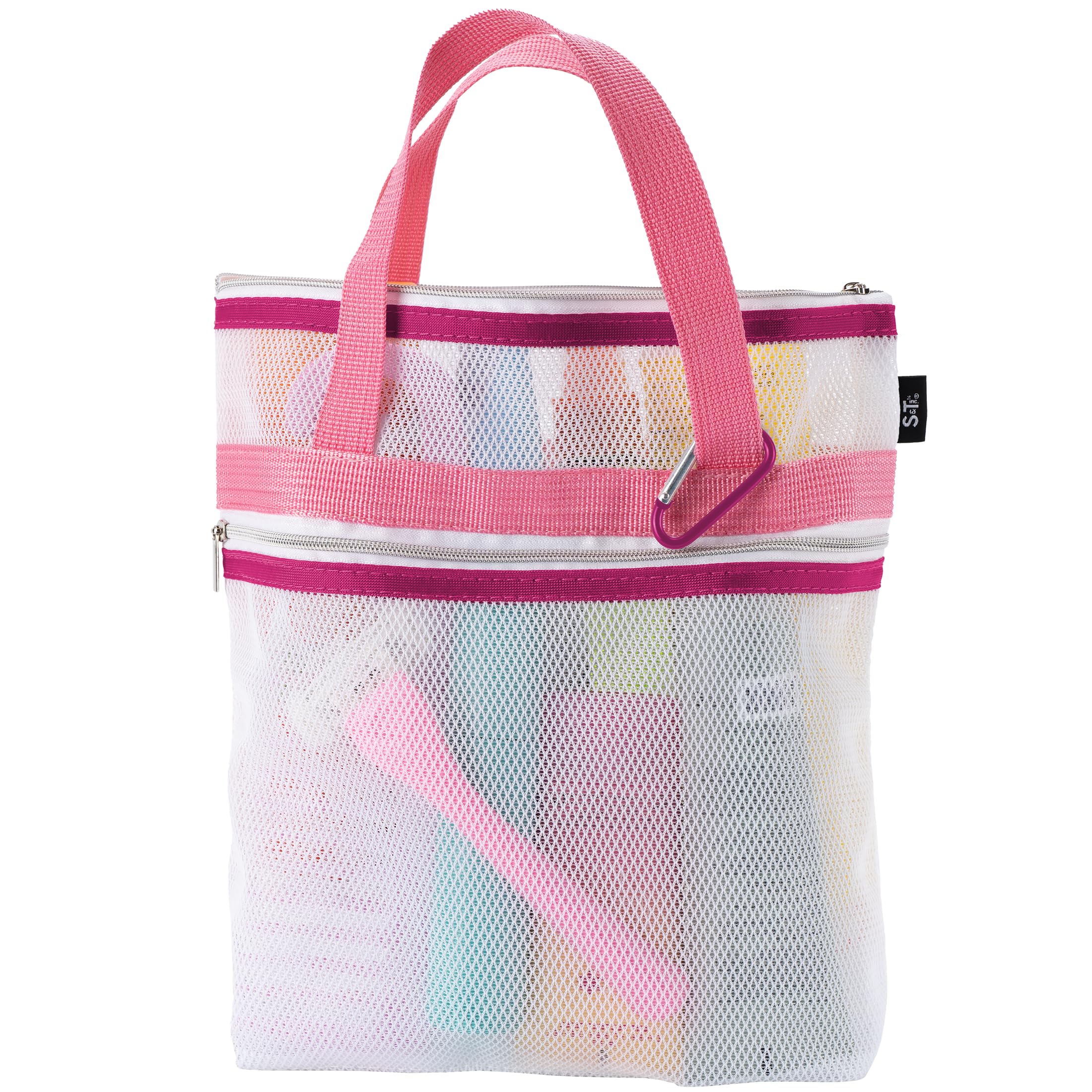 S&T INC. Mesh Shower Caddy, Shower Bag for Dorm Room Essentials, Gym Bag, Camping and More, Two Zippered Pockets, White and Pink, 10 Inches x 10