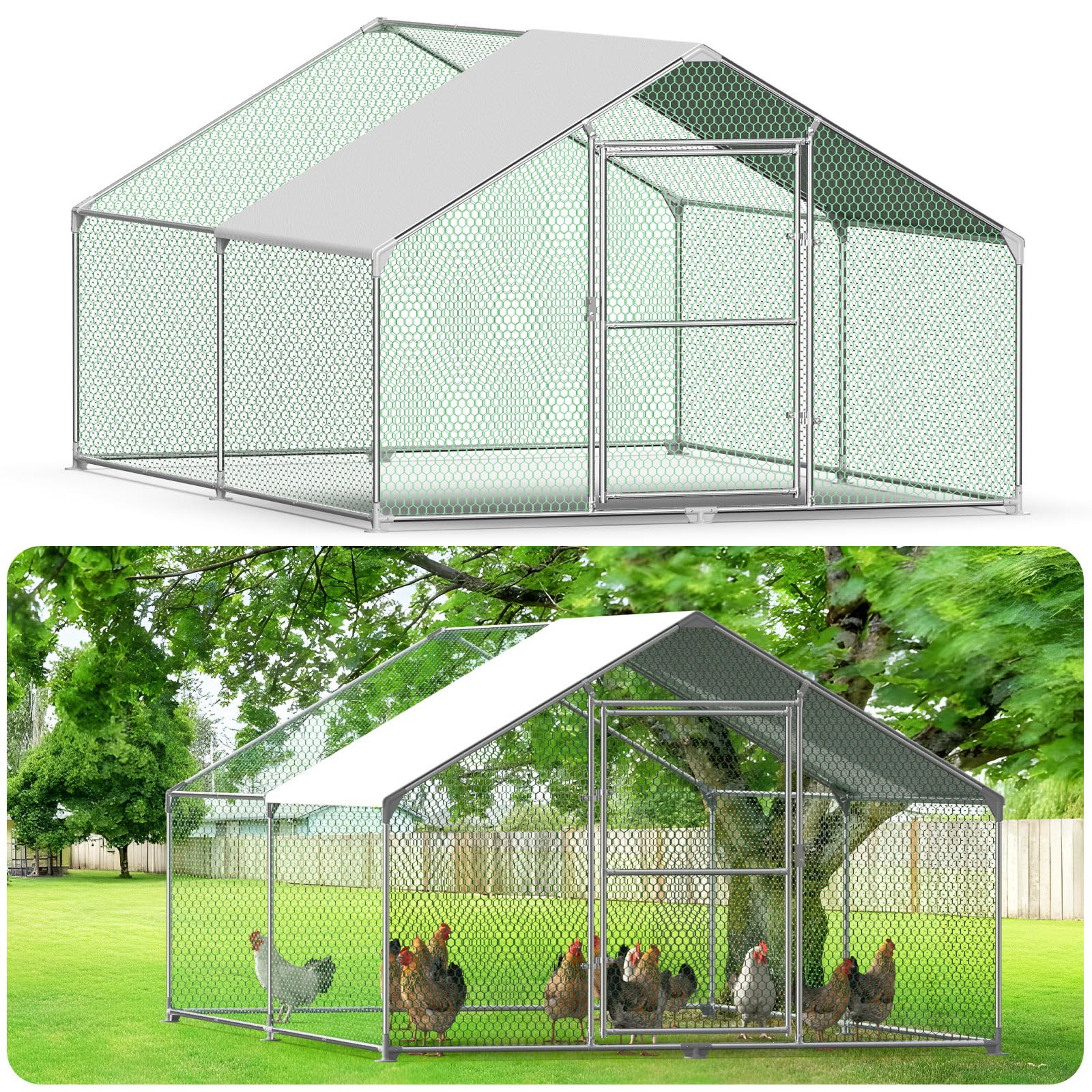 Gallinero para Exterior, Gallineros Grandes de Metal Galvanizado, Jaula para Gallinas con Candado, Gallinero Exterior con Techo de Polietileo pano ra Protección Solar, 4x3x2m