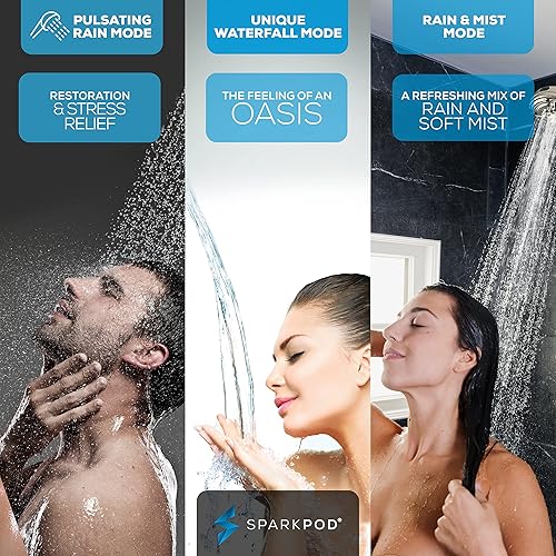Miniatura 2 de SparkPod Cabezal de ducha de mano de níquel cepillado de 5 pulgadas, 9 ajustes de pulverización con interruptor de encendidoapagado, modo de lluvia