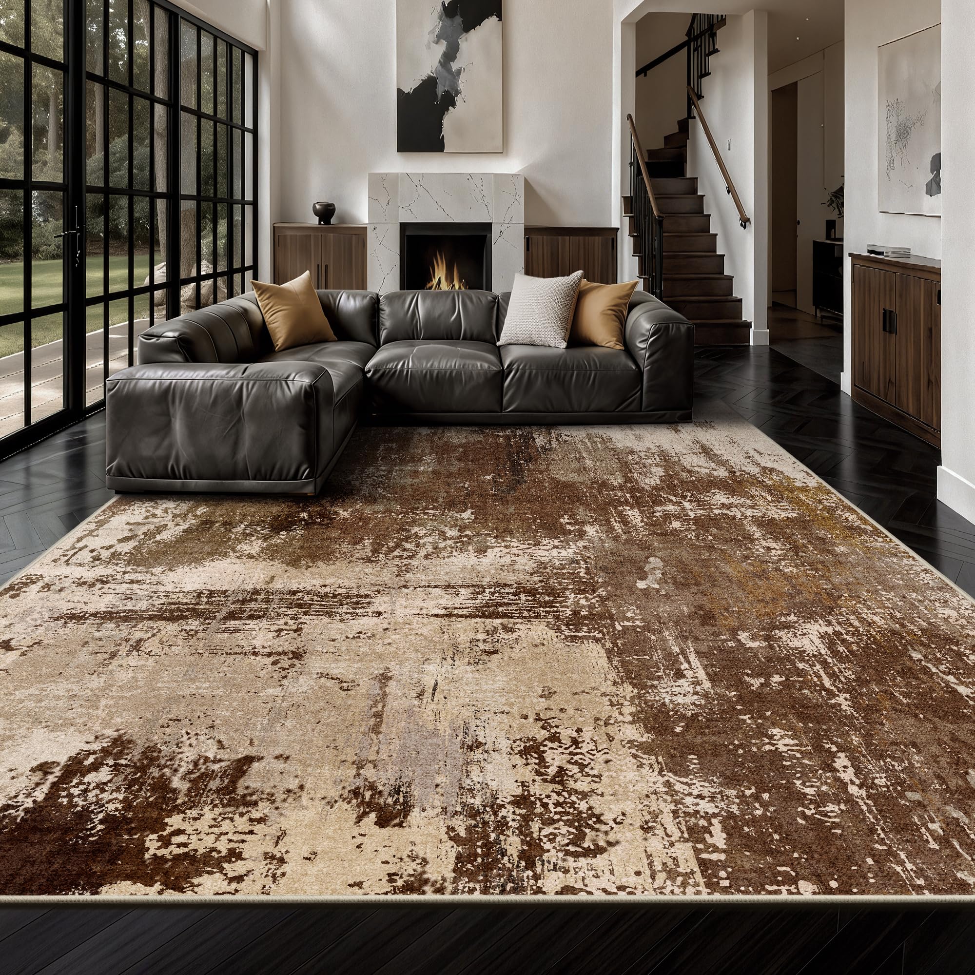 8x10 rugs for living room - modern abstract washable rug, ultra soft non slip low pile large rugs, floor carpet for bedroom dining room office laundry nursery home(a-brown)