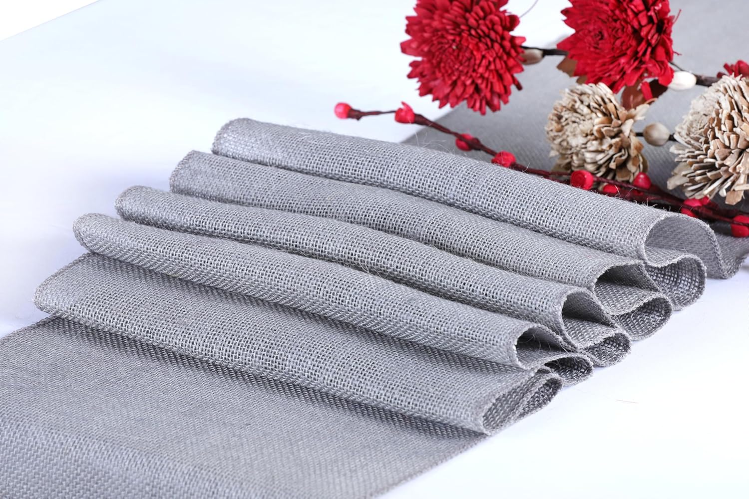 MDS 10 PCS 100% Natural Burlap Table Runners 12 x 72 Inch Rustic Farmhouse Country Vintage Boho Jute Runner for Wedding Home BBQ's Coffee Tea Party Dinning Table Decorations - Silver Grey