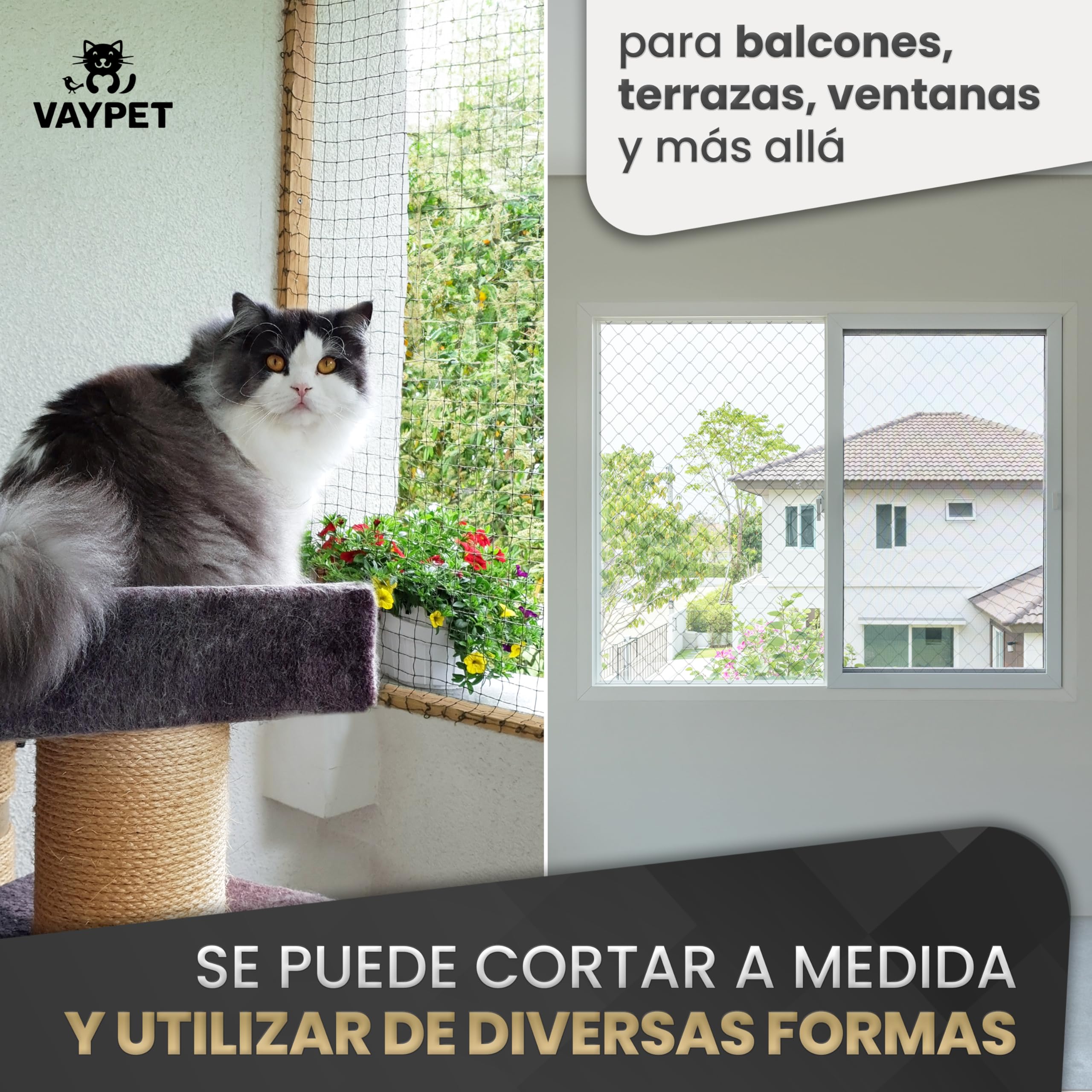 VAYPET® Red para Gatos Terraza sin Taladro [6x3m] - Red Reforzada | Incluye Ganchos + Pegamento Silicona | Red reforzada con Alambre | Protección Gatos para Terraza, Balcón
