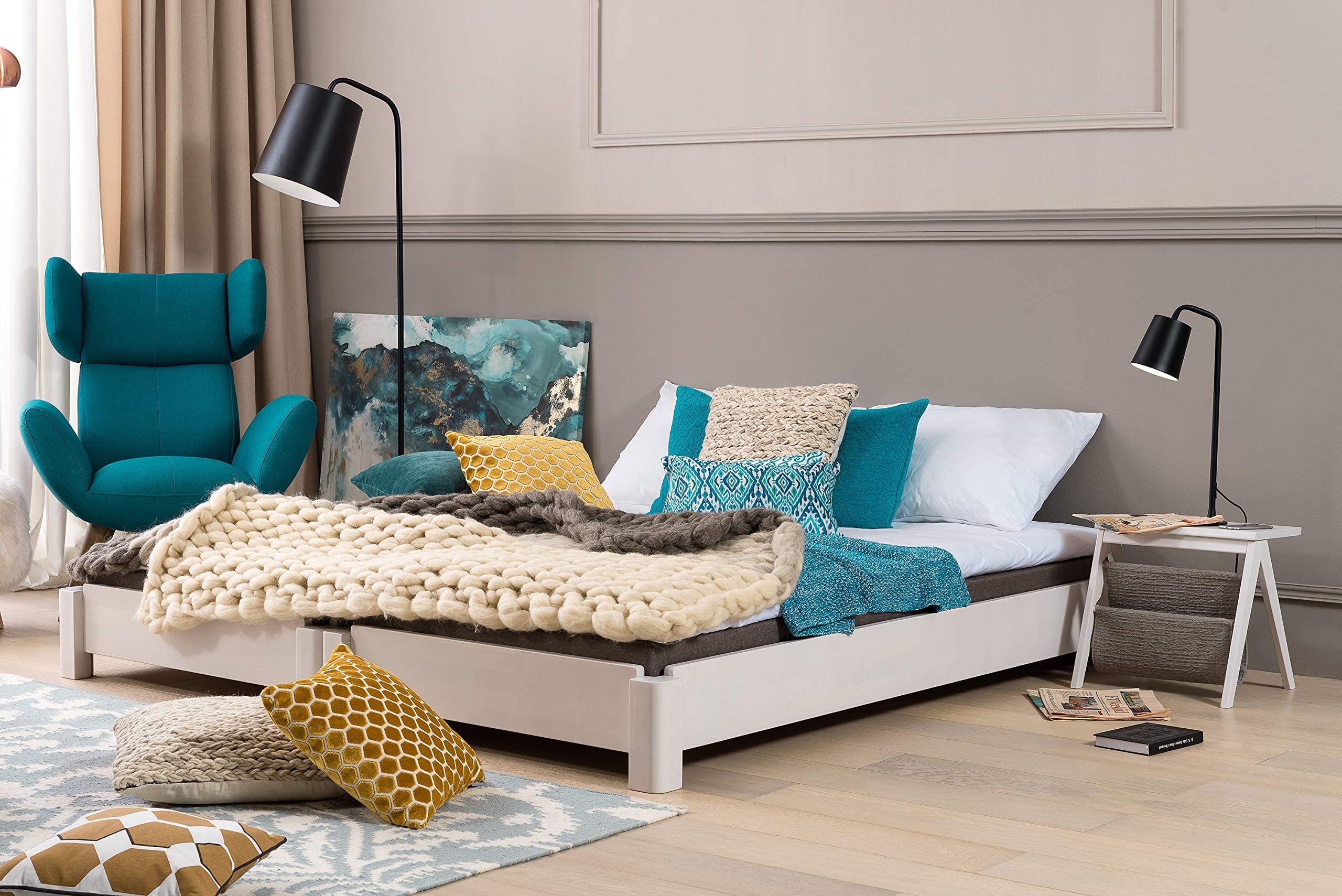 DICO 2er Stapelbett Massivholz mit Rollrost Größe 90x200 cm 03 Buche weiß lackiert