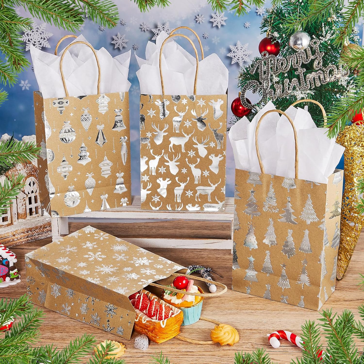 Silkfly 50 Pack Small Christmas Gift Bags Bulk with 50 Tissue Paper, Kraft Paper Metallic Candy Goodie Bags Winter Snowflake Party Favors Bag for Xmas Holiday Birthday Party Supplies(Brown Silver)