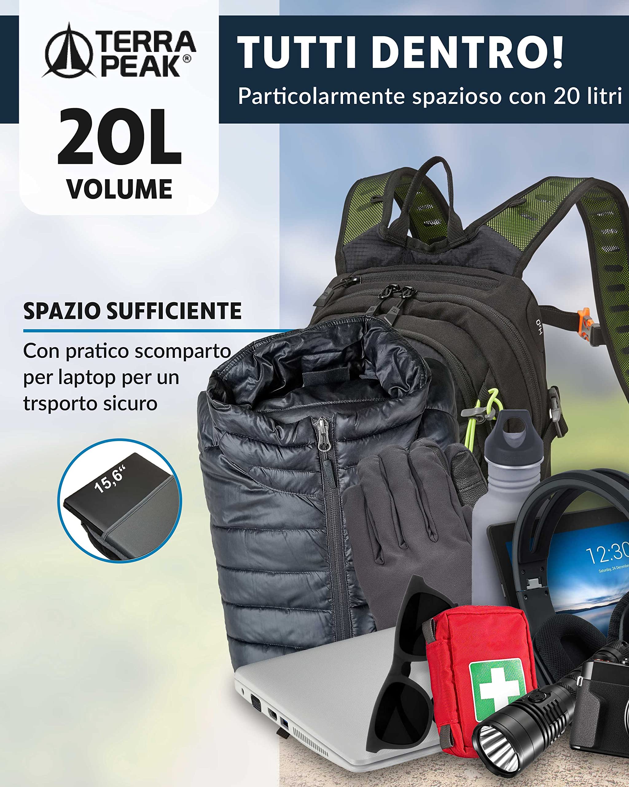 Terra Peak® Zaino da Trekking 20 litri per uomo e donna (ACTIVE 20 PICCOLO) - Zaino da escursionismo, viaggio e montagna da esterno ergonomico e impermeabile con ventilazione posteriore (traspirante)