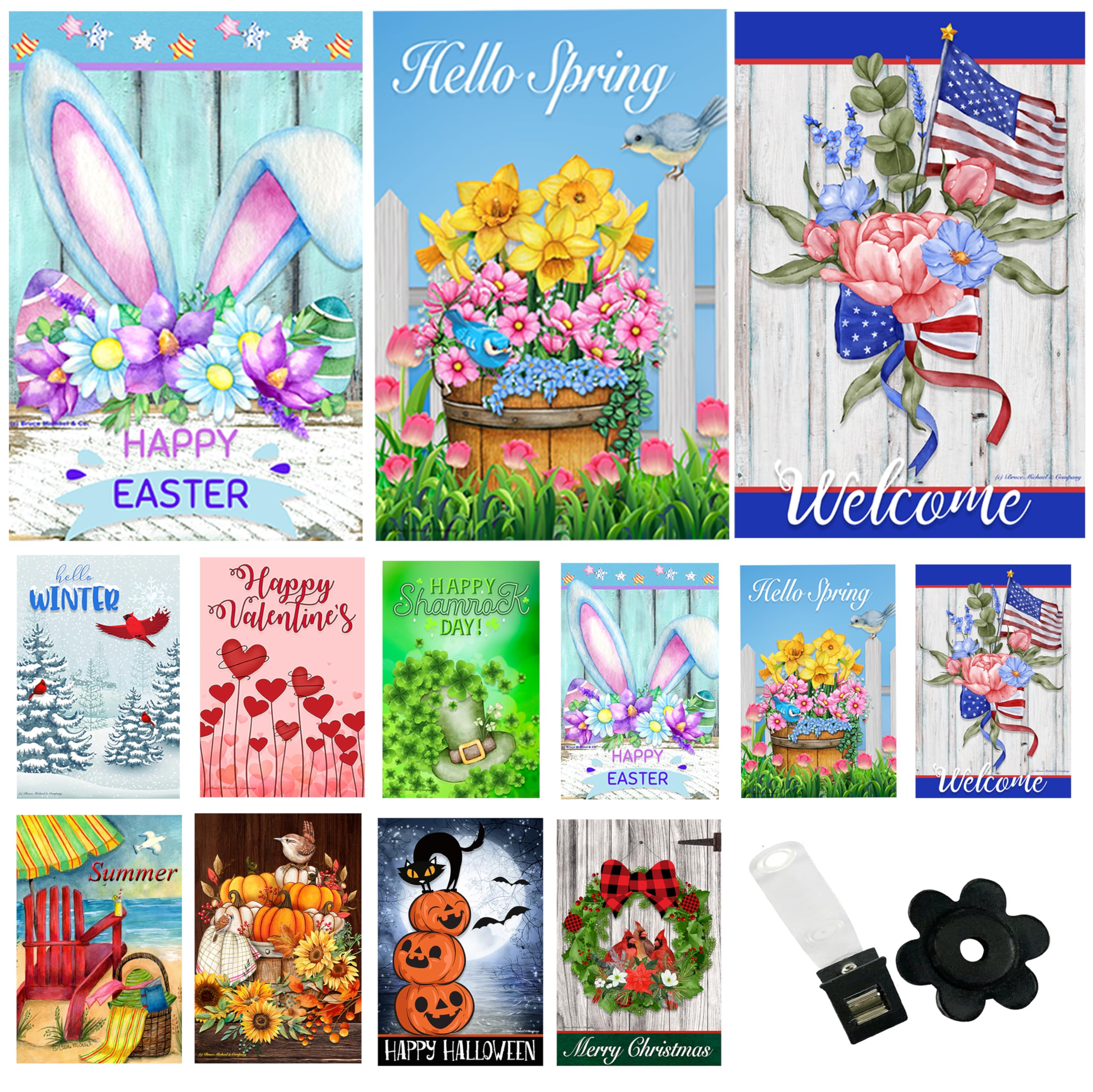 Country Charm Garden Flags Seasonal Set of 10 12x18 Double Sided Yard , Outside Small Flag with Anti-Wind Clip and Stopper, for Outside, Outdoor Holiday Lawn Decorative Decor