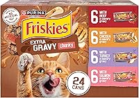 Purina Friskies Extra Gravy Chunky Wet Cat Food Variety Pack, 24ct 5.5oz Cans - Chicken, Turkey, Salmon, Beef