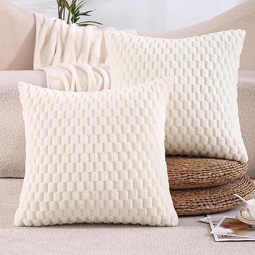 All Smiles Cream White Faux Fur Throw Pillow Covers 18x18 Set of 2 Soft Fluffy Decorative Pillow Cases Cushion Covers Home Décor Decorations for Couch Bed Living Room Sofa,Double-Sided