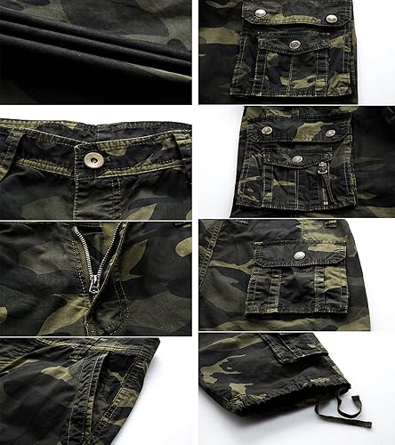 Miniatura 5 de Pantalones cortos cargo de camuflaje para hombre, ajuste relajado, varios bolsillos, para exteriores, camuflaje cargo, pantalones cortos de algodón