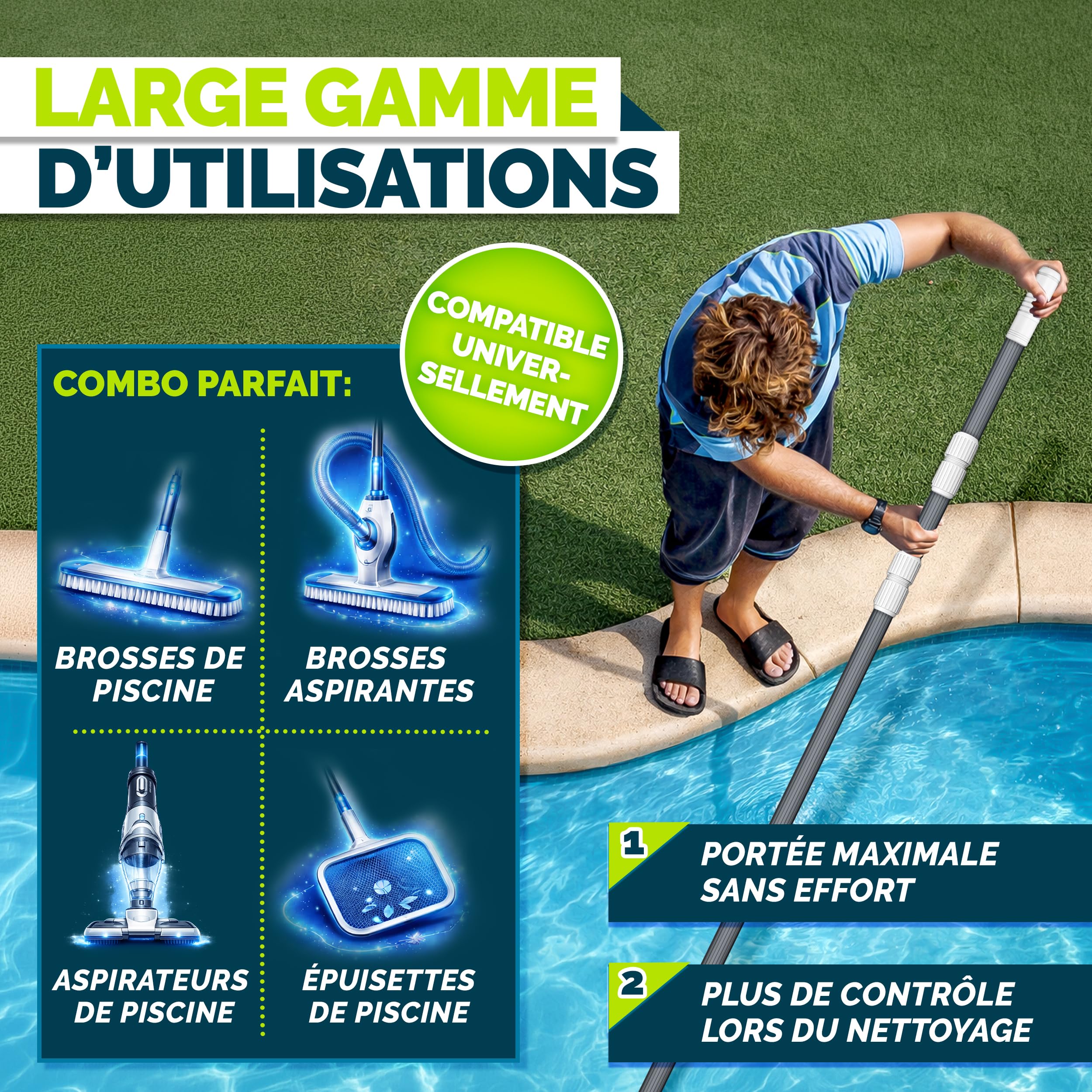 tillvex Barre Télescopique en Aluminium 1,20-3,60 m | Perche Alu Régable et Extensible per Nettoyage de Piscine, Surfaces | avec 3 Parties (Anthracite)