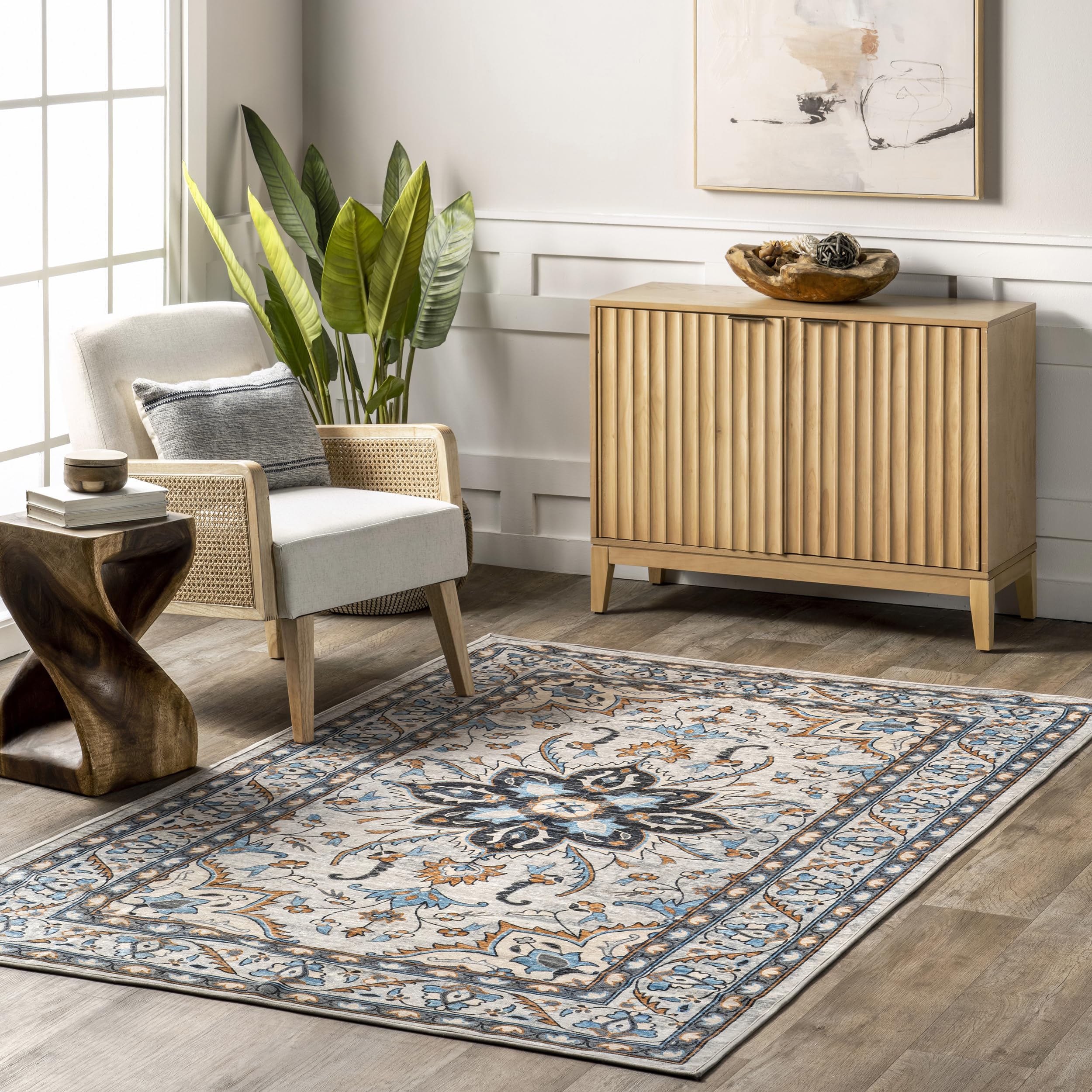Tapis médaillon floral lavable nuLOOM bleu 2,4x3m pour salon
