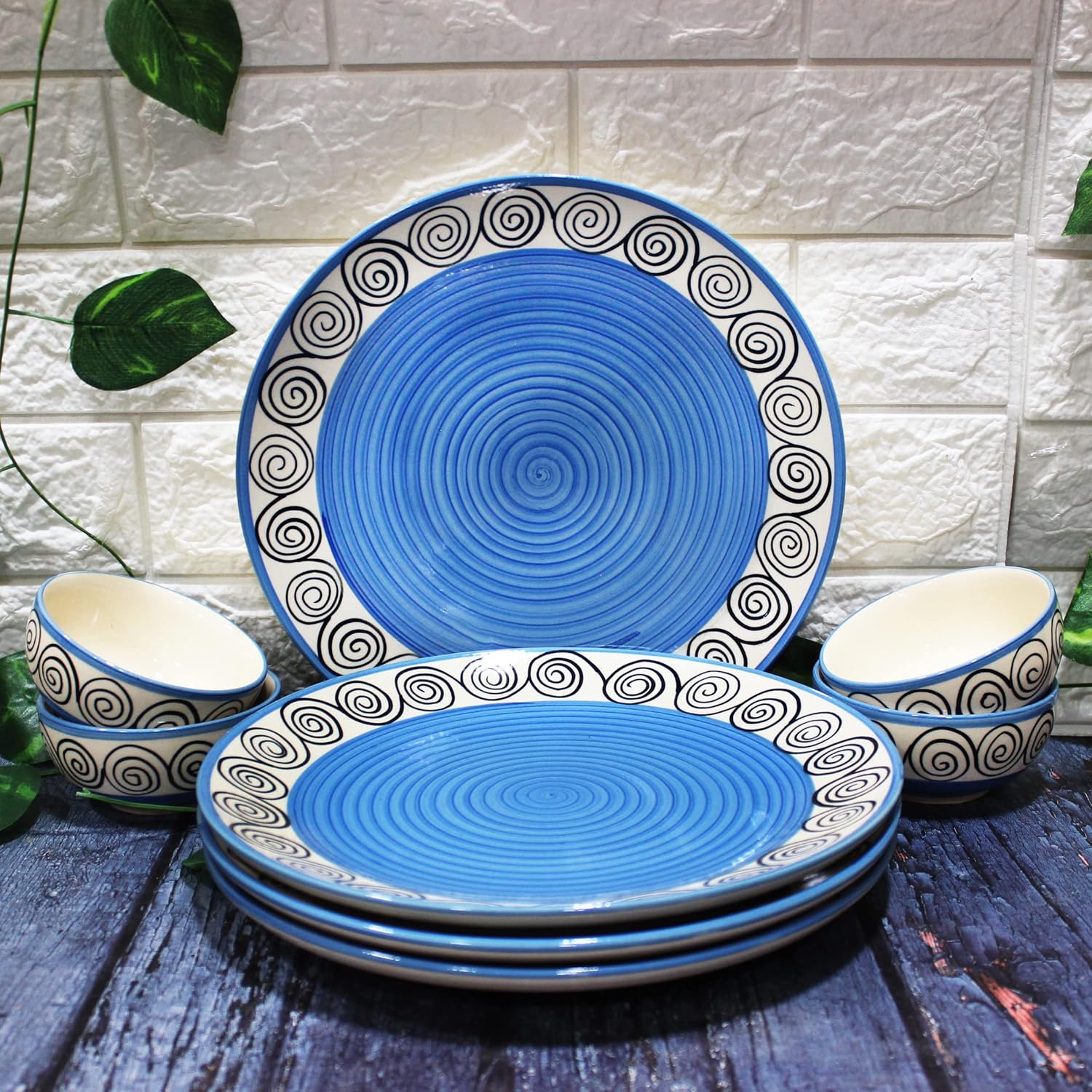 THEARTISANEMPORIUM Blue Swirl HandPainted Ceramic Dinner Set of 4