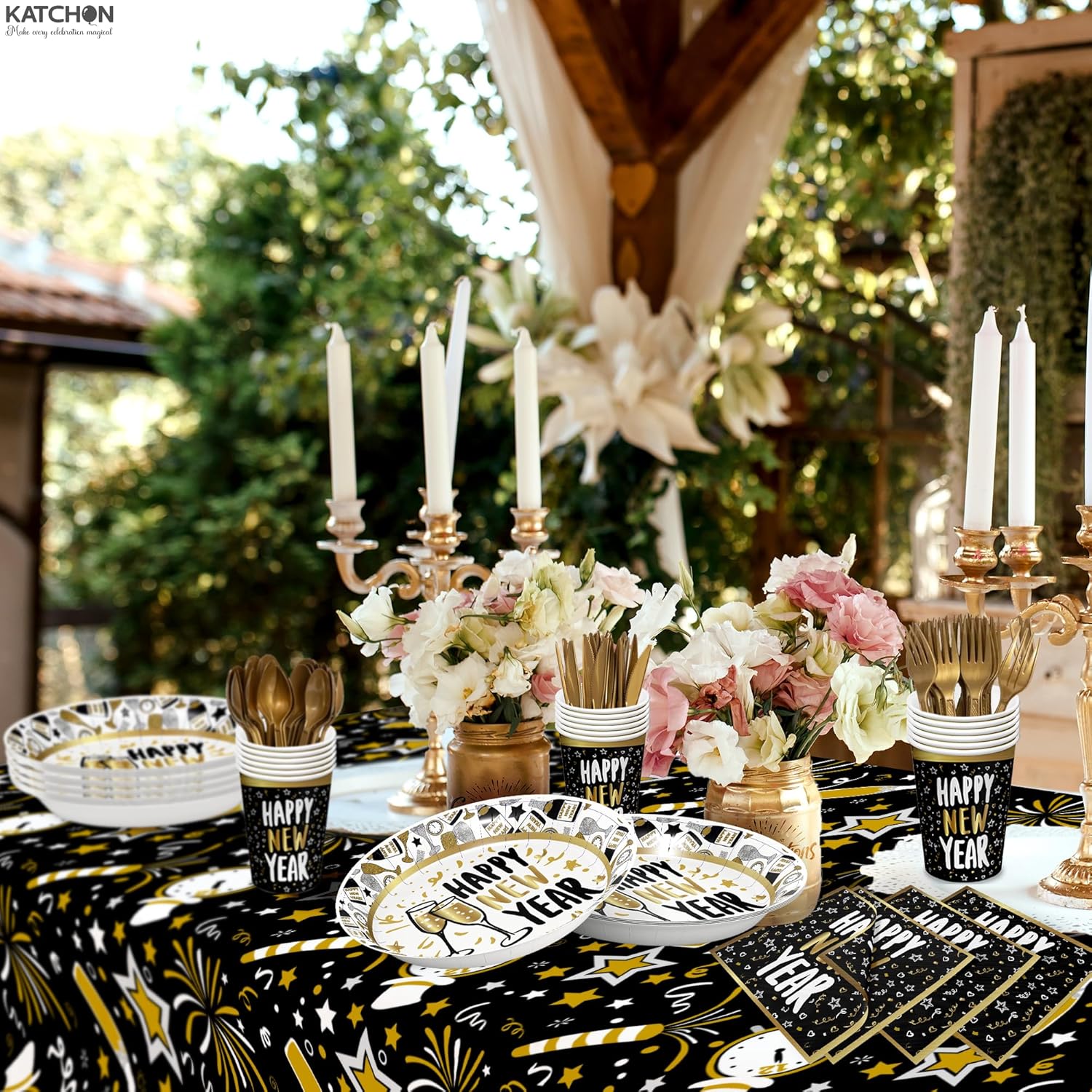 KatchOn, New Years Eve Tableware Set - Serves 25 Guests | Happy New Year Plates and Napkins for New Years Eve Party Supplies 2026 | Nye Tablecloth for Happy New Year Decorations 2026