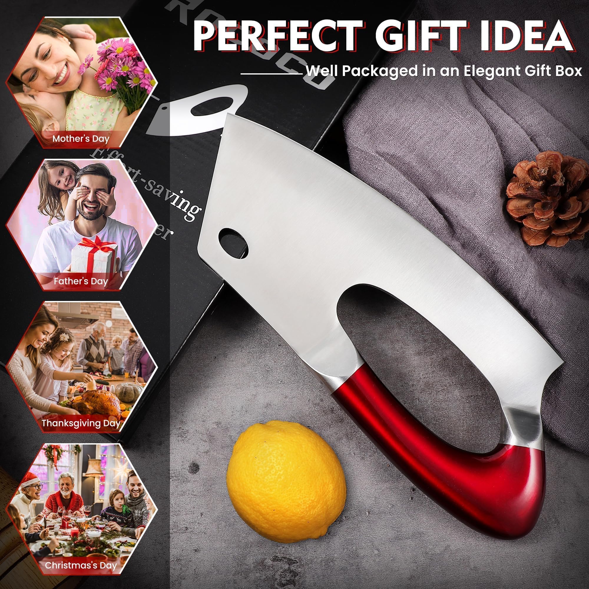 ROCOCO Effort Saving Meat Cleaver - Red Easy Handle Chef Knife — Amazon image 9