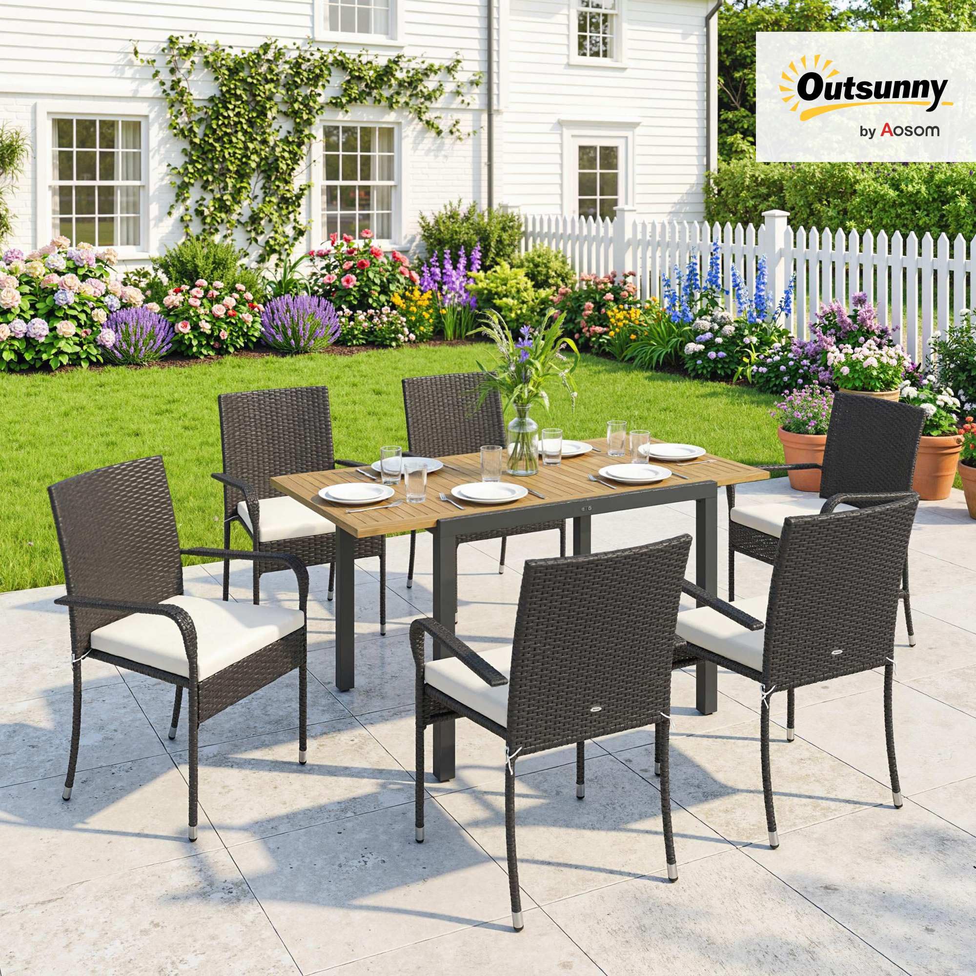 Outsunny Conjunto de Mesa y Sillas Jardín de Ratán de 7 Piezas, Crema | Mesa Extensible 100-150 cm Tablero Madera,6 Sillas Apilables,Cojines Extraíbles,Marco de Acero,Muebles Jardín Exterior