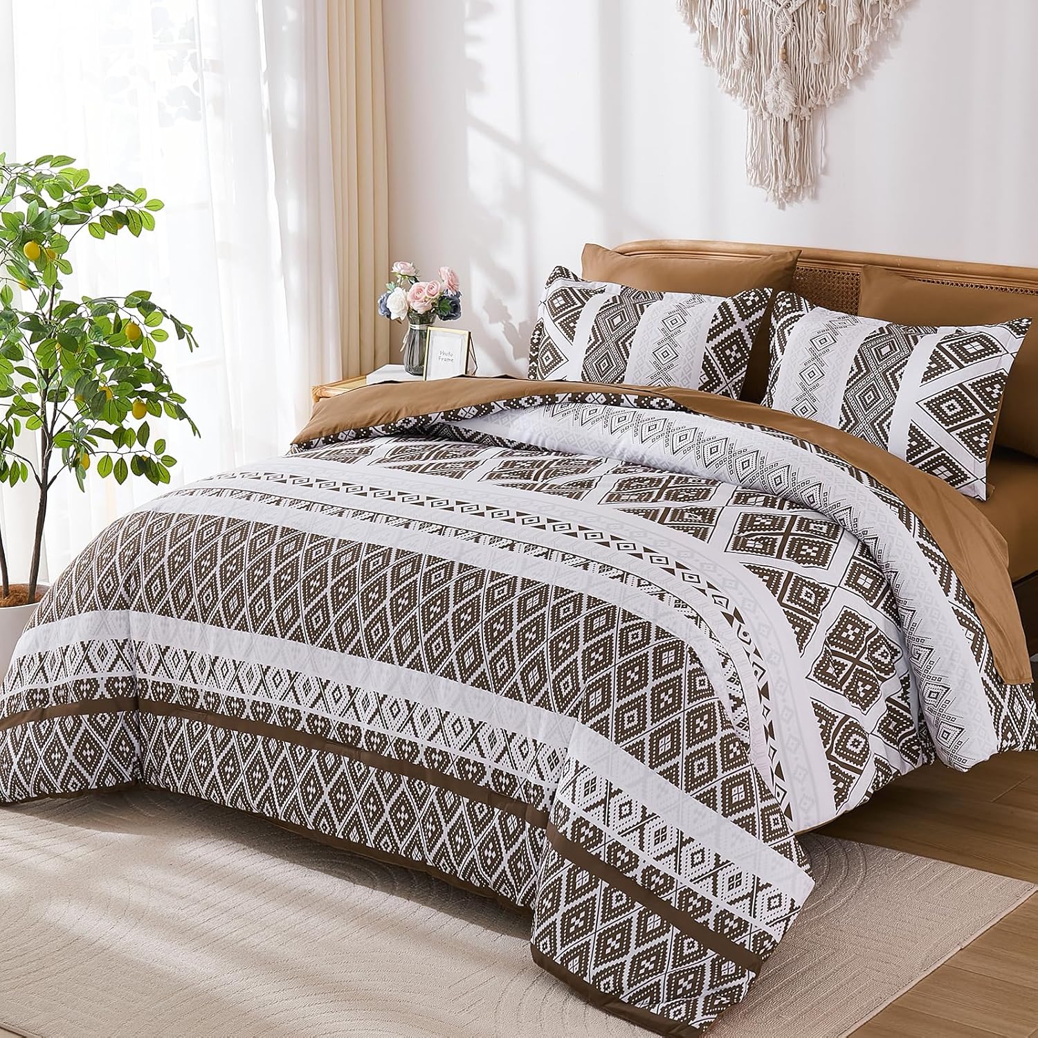 Luxudecor Brown Comforter Set Queen Size 7 Pieces,Boho Aztec Comforter with Sheet Set,Geometric Striped Pattern Bed in a Bag,Soft Microfiber Bed Set 90"x90"