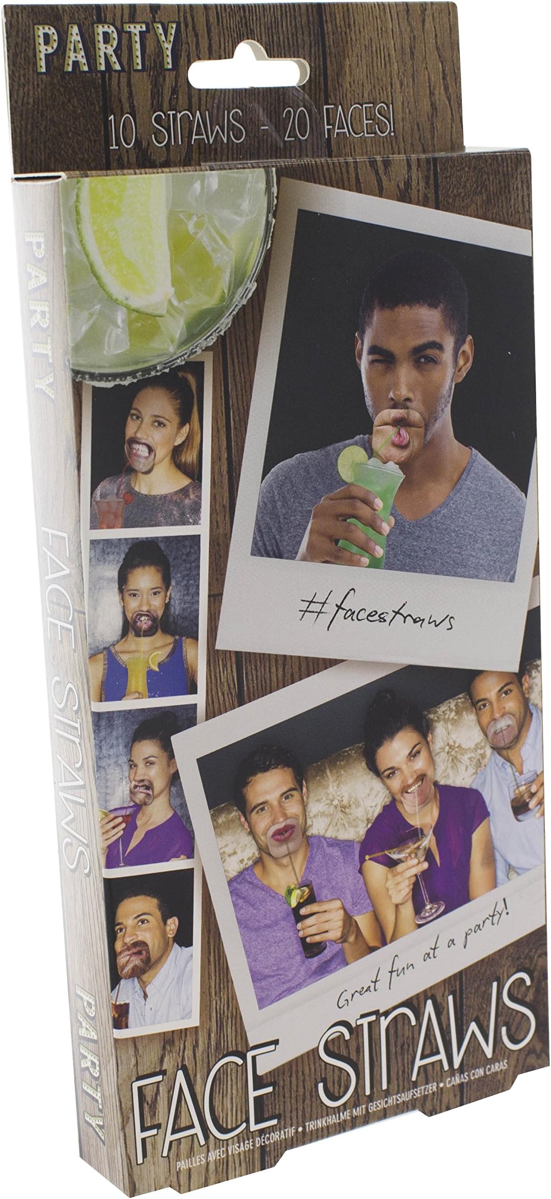 Paladone Party Face Straws | 10 x Double Sided Reusable Realistic Face Straw Toppers | Includes 10 x Transparent Straws