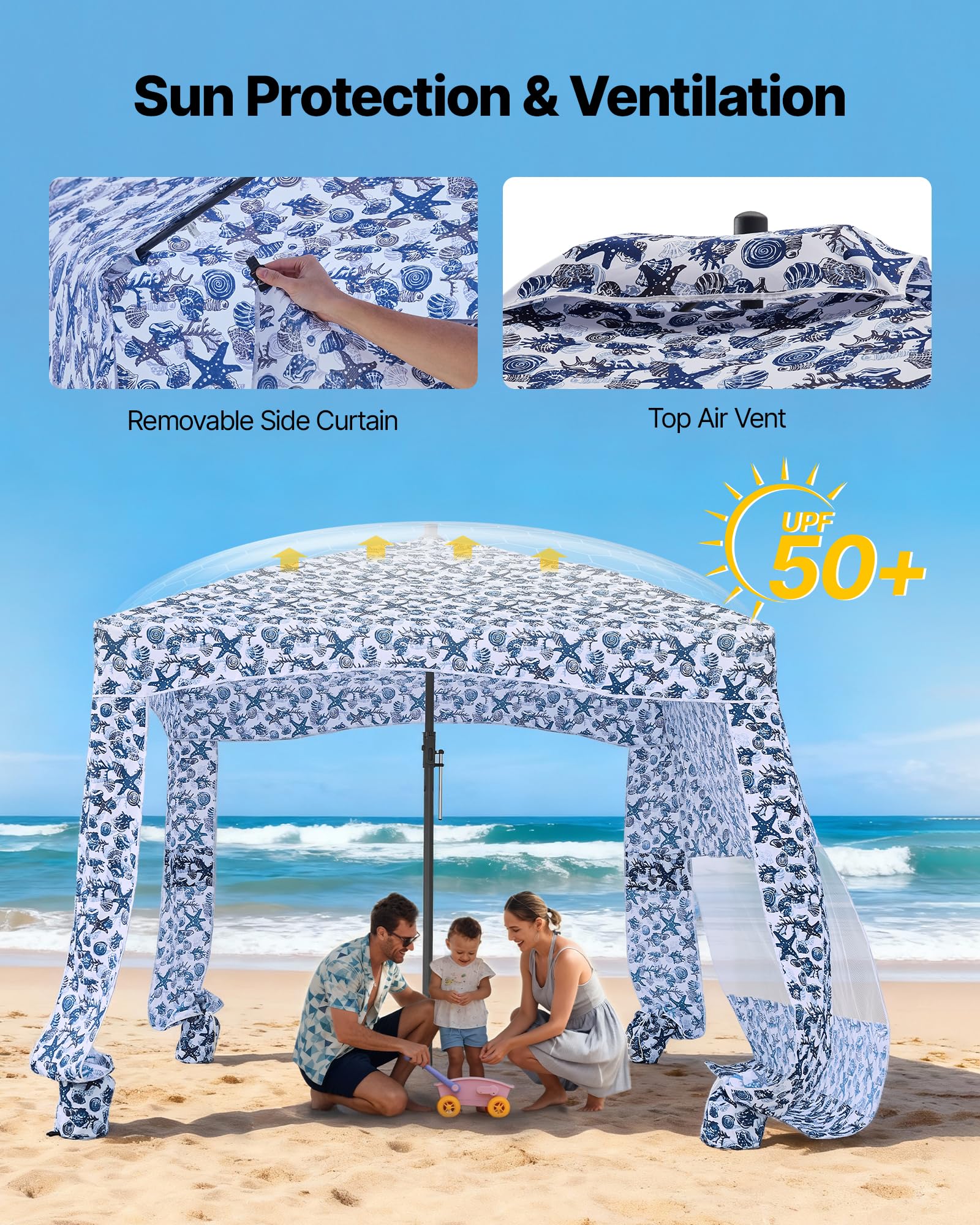 VEVOR Parasole da Spiaggia Portatile 1830 x 1830 x 2290 mm, con Parete Laterale e Tasche per la Sabbia, Ombrellone Parasole Portatile Regolabile in Altezza per Famiglia e Amici, Blu Scuro con Motivi