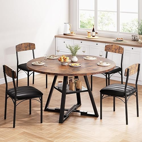 Miniatura 9 de Juego de mesa de comedor para 4, mesa de cocina y sillas para 4, mesa de comedor redonda con sillas tapizadas, 5 piezas circulares de madera que
