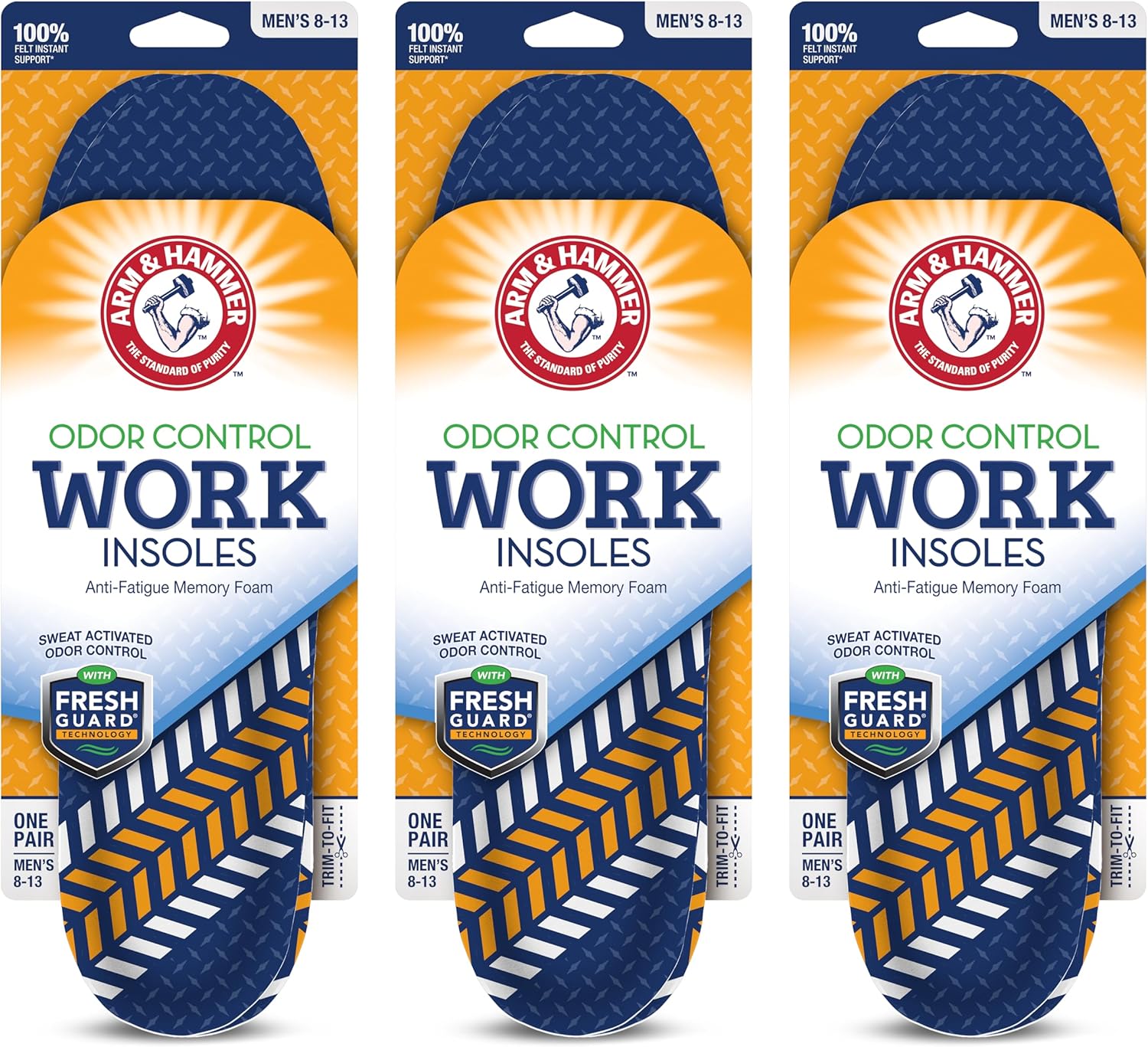 Arm & Hammer Work Insoles for Men and Women, Boot Inserts for Work Boots, Boot Insoles for Work, Work Boot Insoles for Men and Women, Pair of Anti-Fatigue Arch Support Memory Foam Insoles (3 Pack)