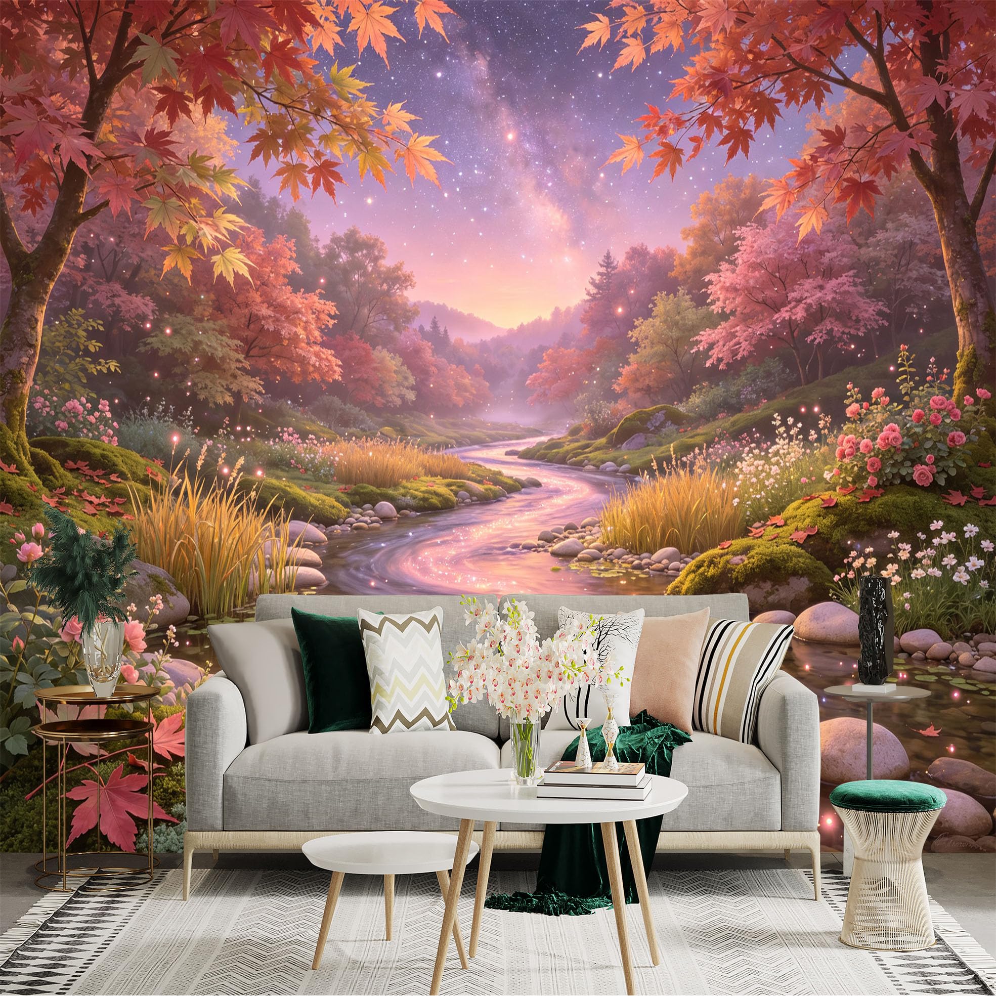 Lnzczhyre Bh260719555 Custom Size Wall Sticker Mural， Autumn Maple Forest With Glowing Stream， Fairy Tale Landscape， Starry Night Sky， For Wall Decoration， Peelandstick Wall Decals.